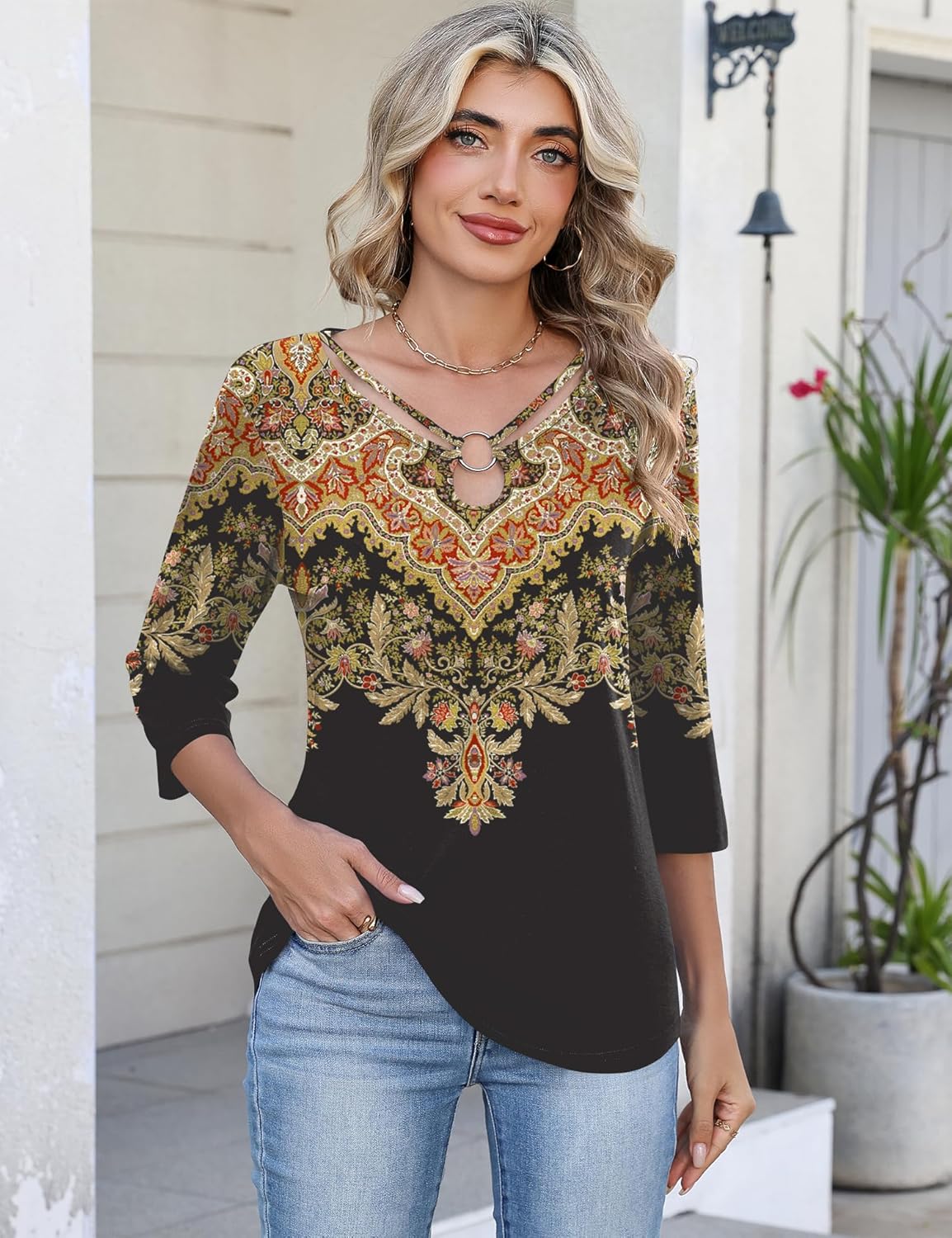 Rapbin 3/4 Length Sleeve Womens Tops Summer Cut Out Ring Keyhole Neck Dressy Casual Crew Neck Tee Shirts 2026 - Image 2