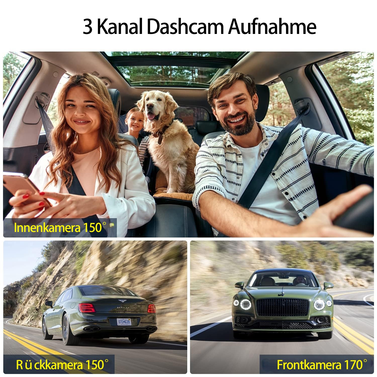 Volam 3 Kanal 1080P Dashcam Auto Vorne Hinten Inne mit Akku, Dash Cam Auto Kamera mit Parküberwachung, IR Nachtsicht WDR Autokamera, 170° Weitwinkel Autokamera, WDR, G-Sensor, Loop-Aufnahme