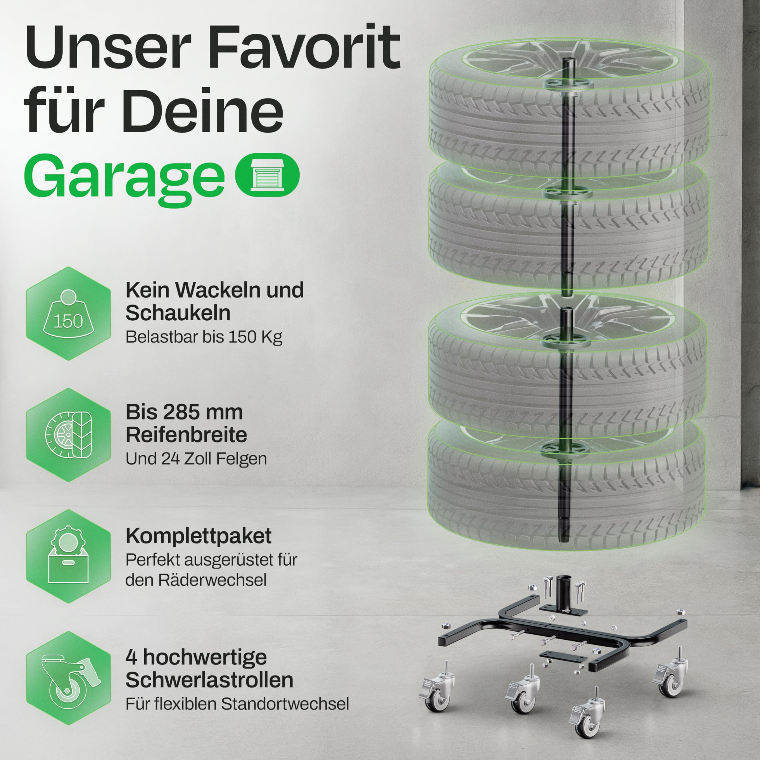Árbol de llantas XL con funda protectora | Soporte móvil para 4 neumáticos de hasta 285 mm de ancho y 24 pulgadas | almacenamiento estable y que ahorra espacio