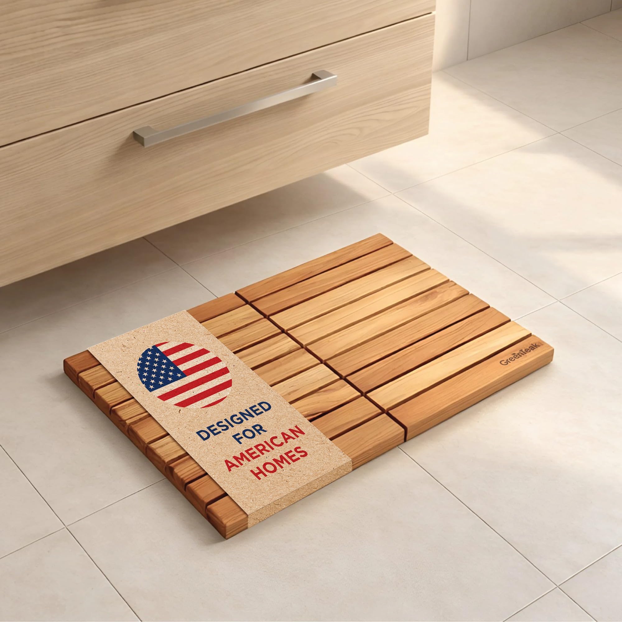 Premium 24"x16" Solid Teak Wood Shower Mat, Foldable Teak Bath Mat, Fast-Drain Slatted Design, Non-Slip Feet, Water-Resistant, for Bathroom, Door, Sauna, Indoor & Outdoor, 385 Lbs Capacity