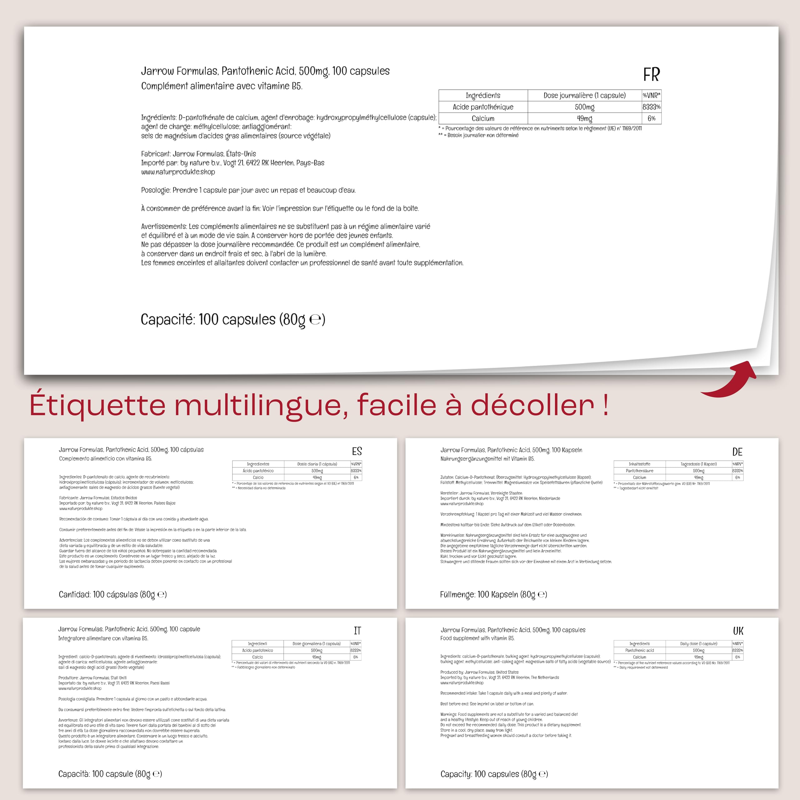 Jarrow Formulas, Pantothenic Acid (Acide Pantothénique), 500mg, Vitamine B5, 100 Capsules végétaliennes, Sans Gluten, Sans Soja, Végétarien, Sans OGM