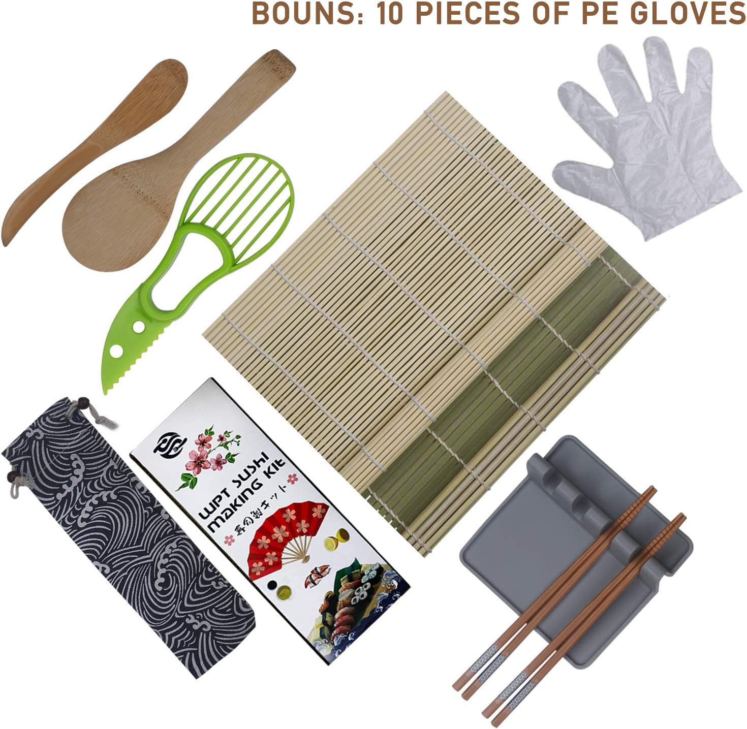 Beginner Sushi Making Kit-All In One DIY Sushi Set with 2 Sushi Bamboo Mats,2 Pairs Chopsticks,1 Paddle,1 Spreader,1 Avocado Slicer,1 Silicone Holder,10 Disposable Gloves,1 Cotton Bag-Gift Box