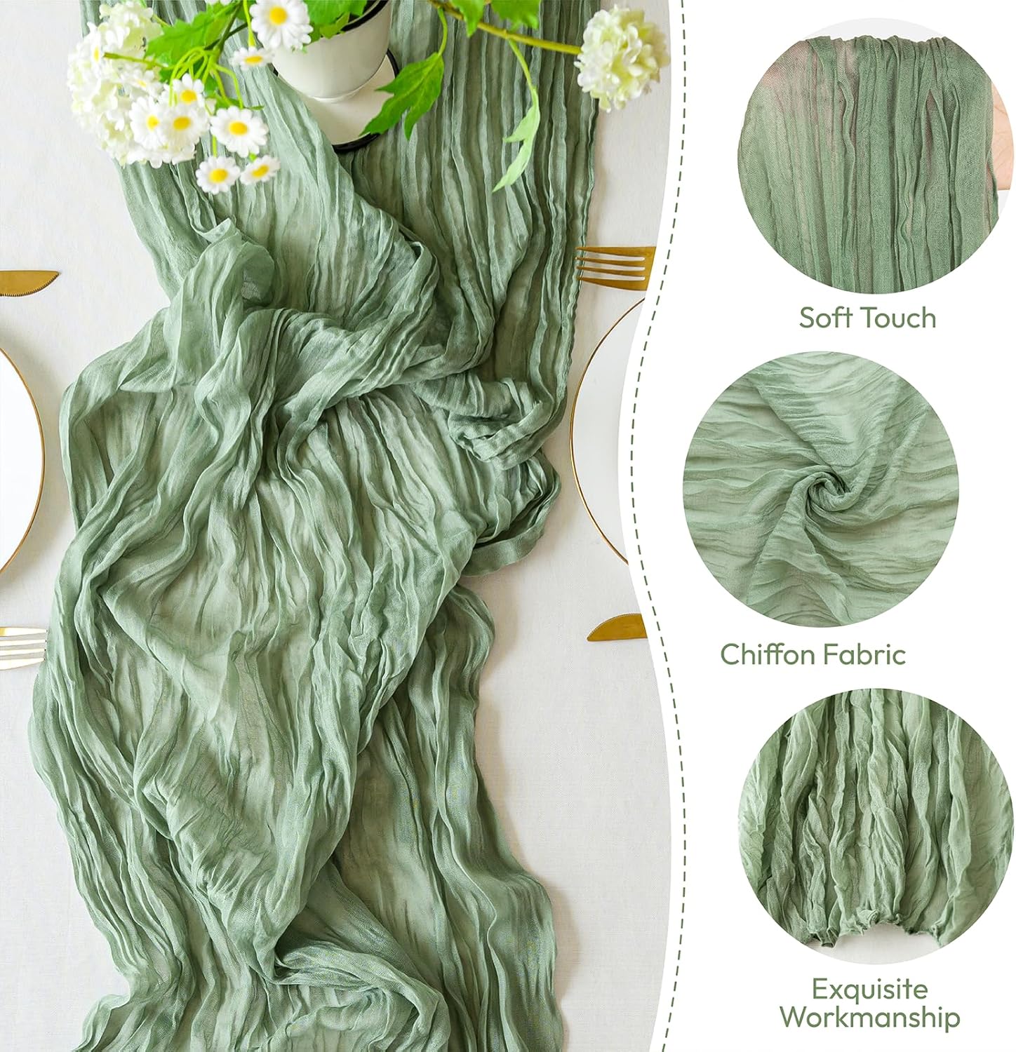 Sioloc 10 Pack Sage Green Cheesecloth Table Runner 120'' x 35'',Spring Easter Decor Soft Gauze Boho Wedding Table Decor for 10ft Table Birthday Party,Baby Shower, Bridal Shower, Home & Event Decor