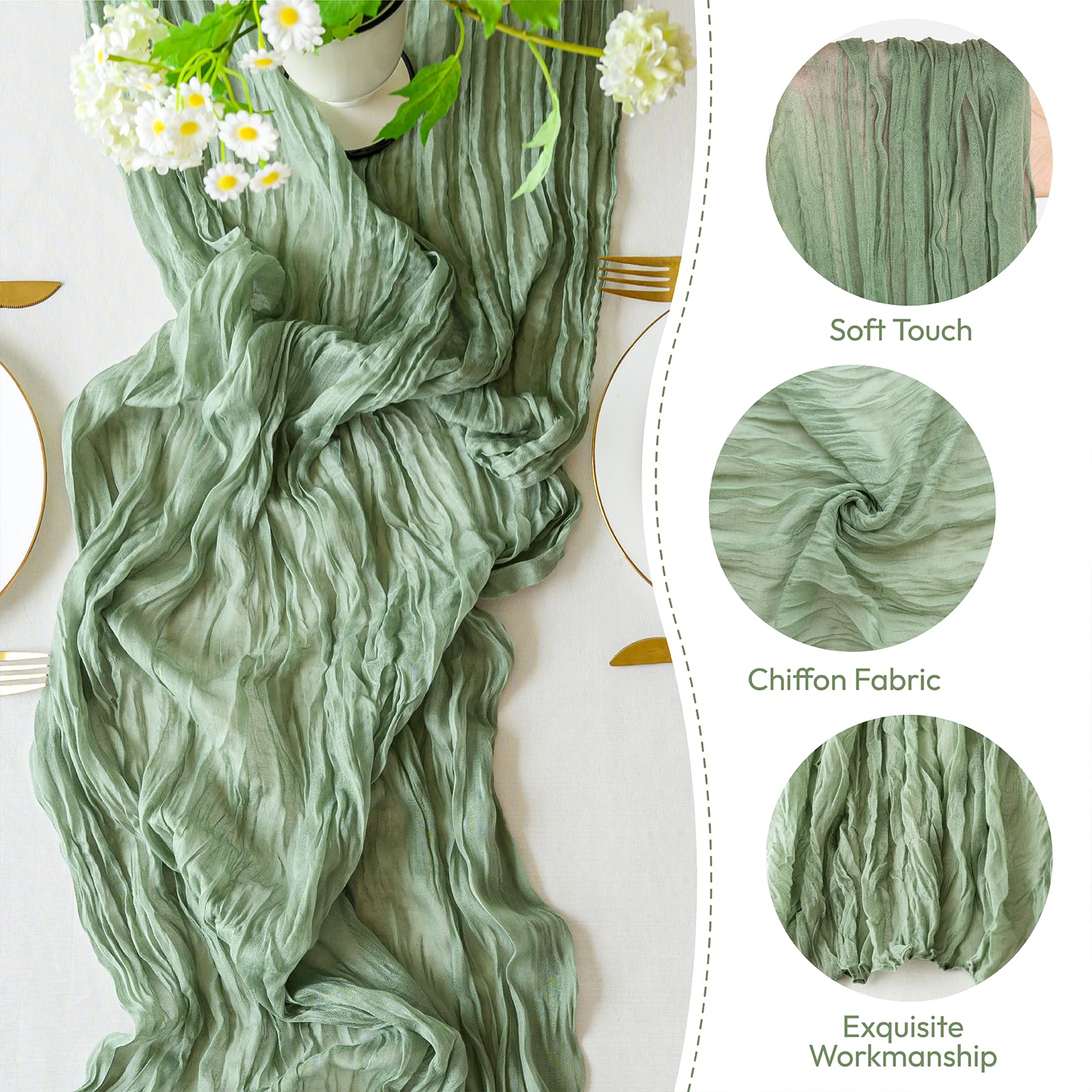 Sioloc Bieżnik na stół z gazą, 3 m, boho, tkanina serowa, bieżnik na stół na wesele, wesele, baby shower, urodziny, dekoracje stołu (szałwiowa zieleń), TR001