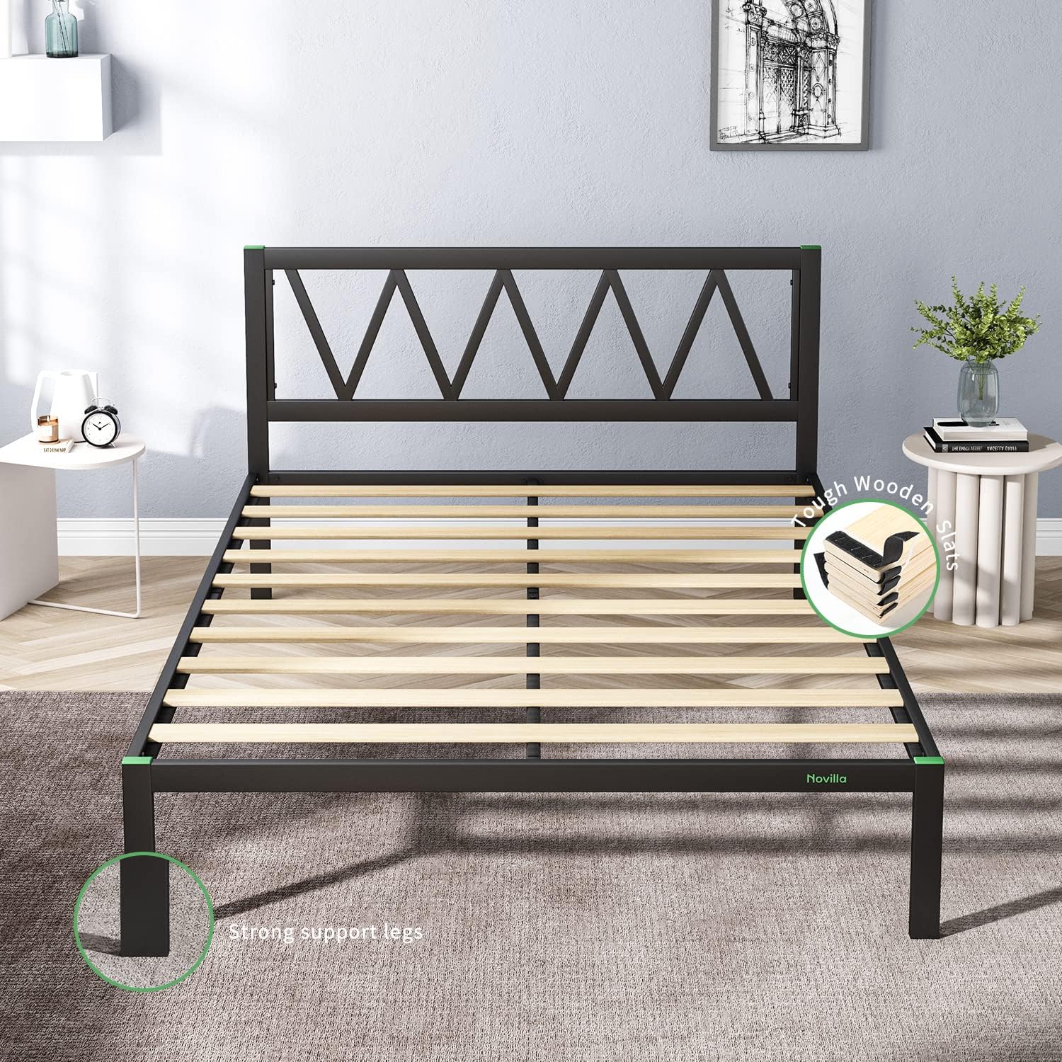 Novilla 14 Inch Twin Bed Frame with Headboard, Platform Bed Frame No Box Spring Needed, Metal Twin Bed Frame with Storage Space, Wooden Slats Support, Easy Assembly, Black