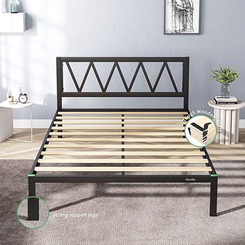 Miniatura 6 de Novilla Base de cama King de 14 pulgadas con cabecero, base de cama de plataforma no necesita somier, marco de cama de metal tamaño King con espacio