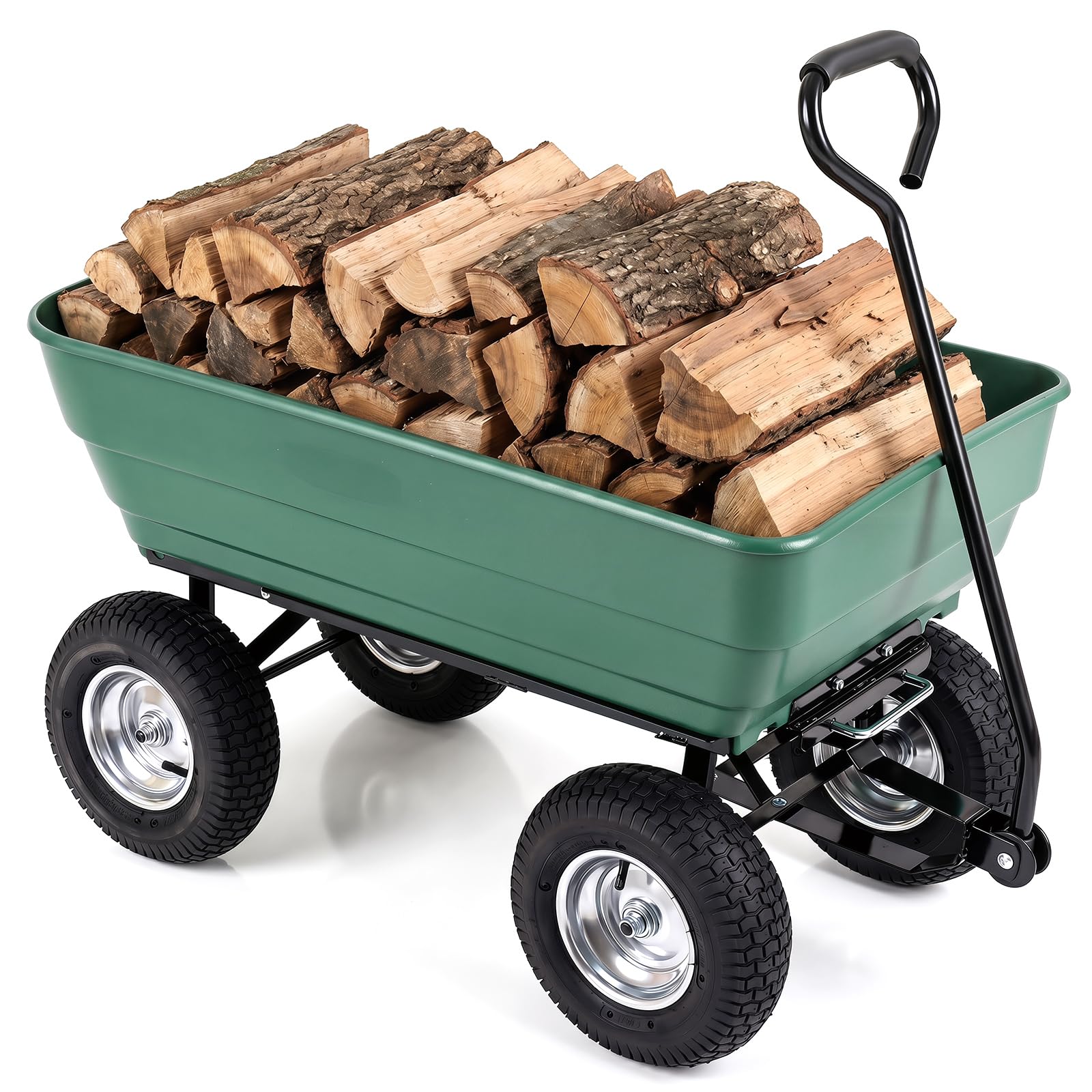 COSTWAY Carro de Jardín Basculante 125 L, Carga 410kg, Carrito Transporte con Caja Volcadora, Mango Ajustable a 120°, 4 Ruedas Grandes y Marco Metálico, Carretilla de Mano para Patios, Granjas