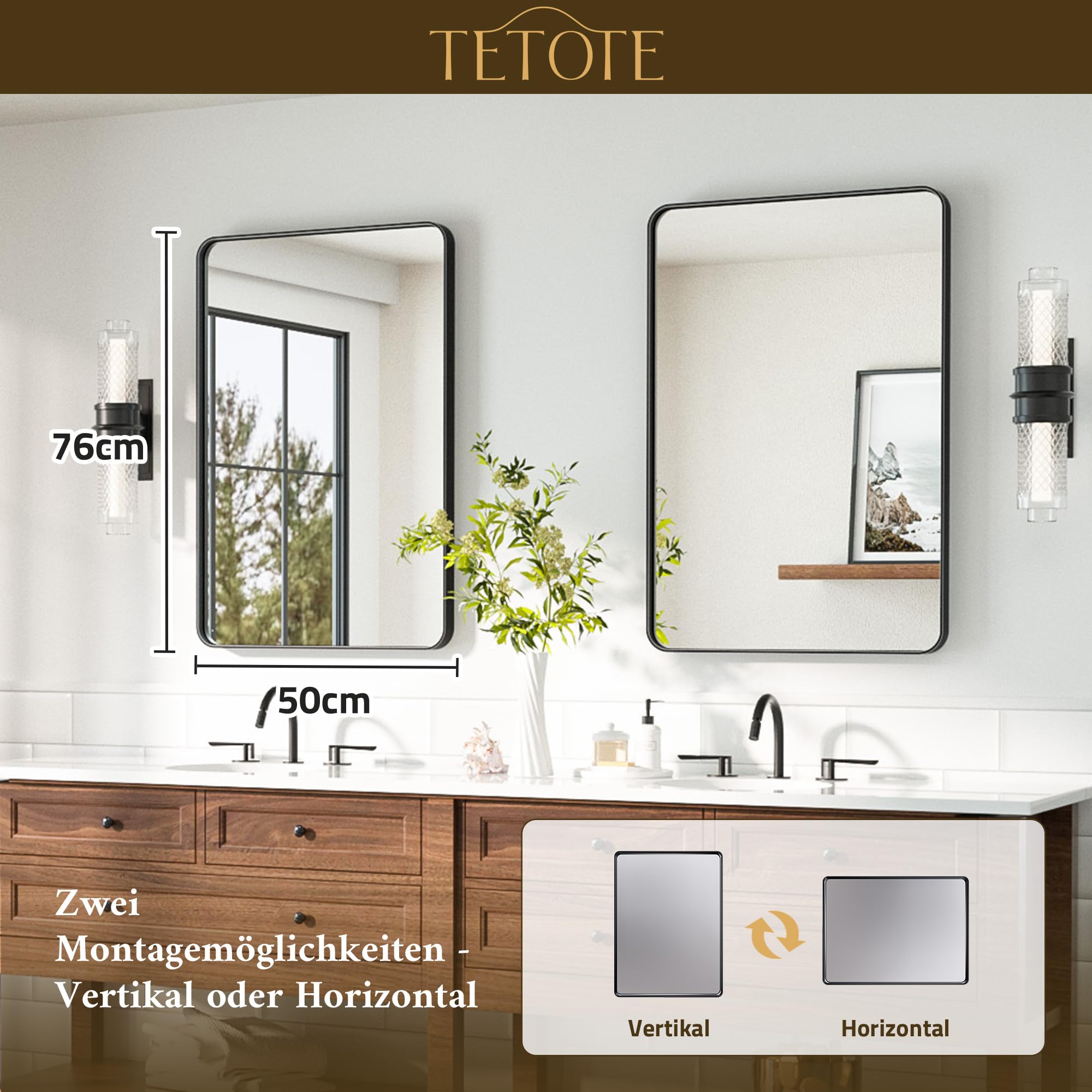 TETOTE 50x75cm Wandspiegel Schwarz Ohne Beleuchtung, Rechteckig Badspiegel mit Runder Ecke, Metallrahmen Badezimmer Spiegel für Waschbecken, Gehärtetes Glas Dekorative Spiegel
