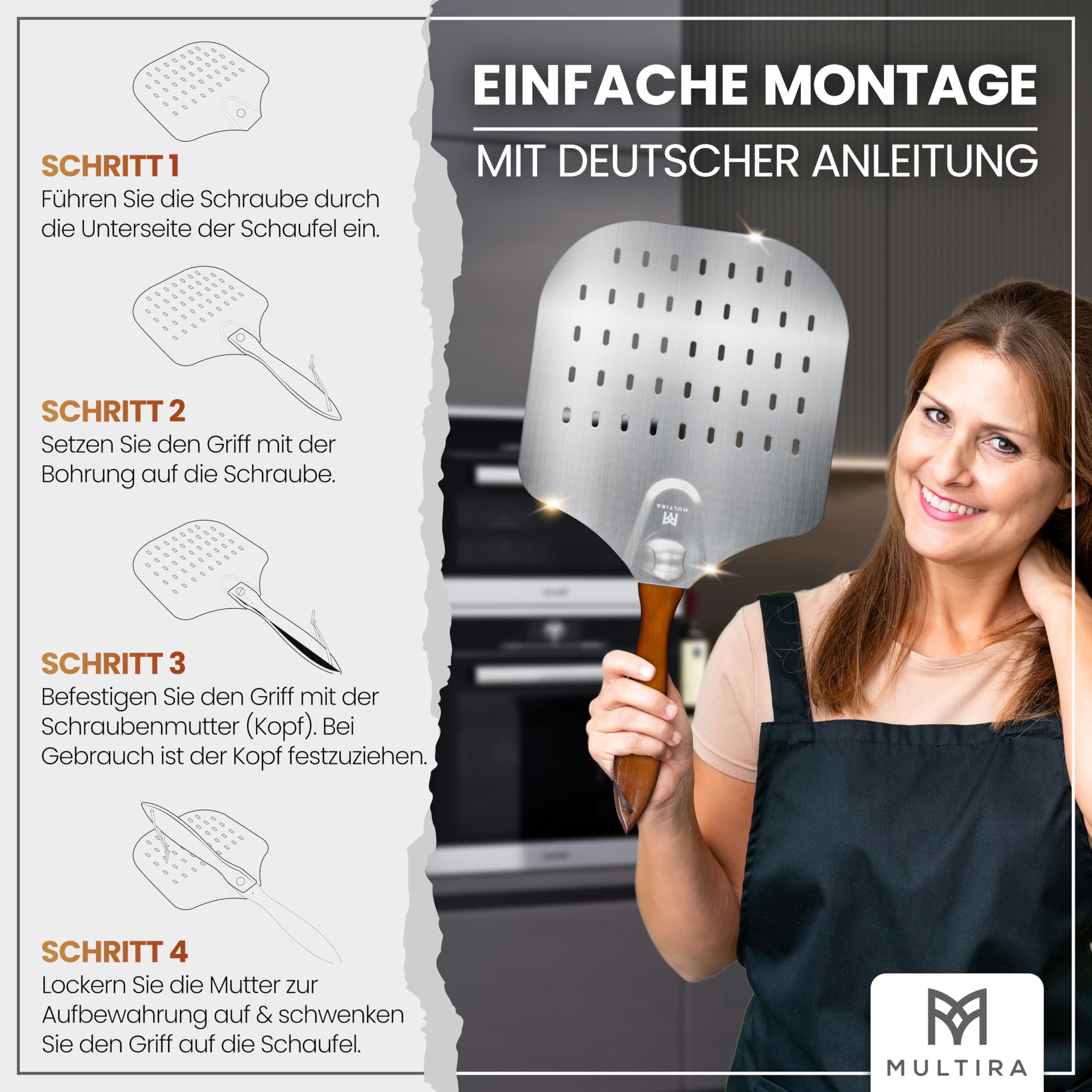 Pala per pizza – Pala per pizza – Pala in alluminio perforato – Paletta girevole rimovibile – Manico ergonomico in legno robusto – Portata 5 kg – Peso 530 g – Dimensioni: 60,5 x 30,5 x 4 cm