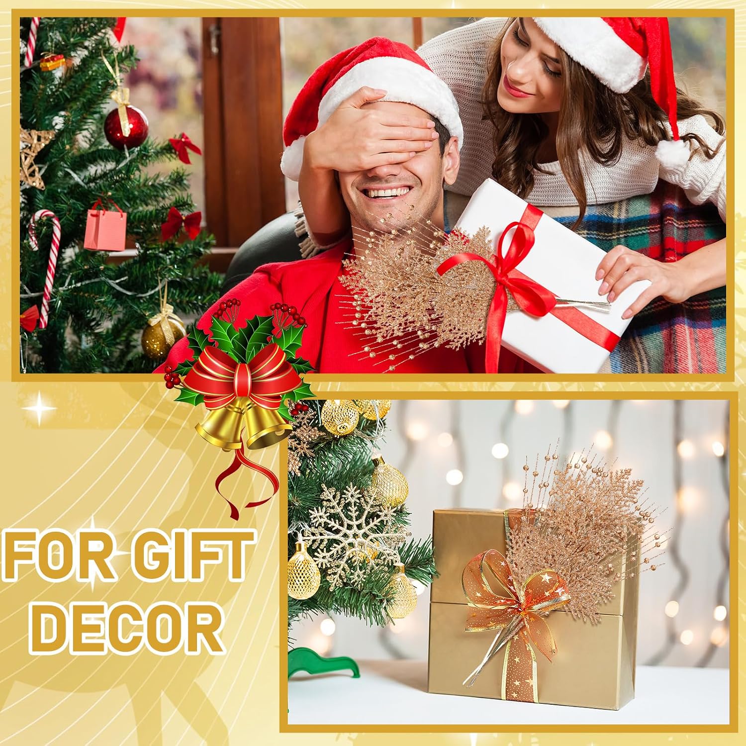 50 Pcs Christmas Tree Picks and Sprays Decorations 17" Champagne Gold Christmas Glitter Berry Stem and 10.6" Artificial Pine Needles Branches Picks Twigs Bead for Xmas Tree Ornaments DIY Wreath Decor