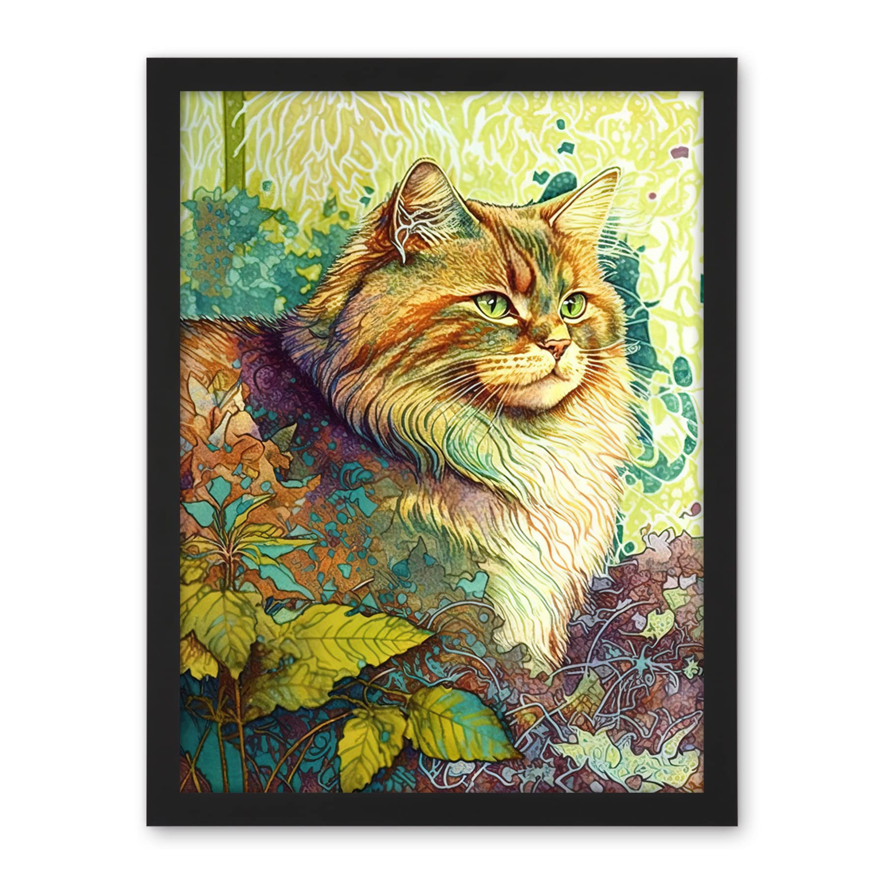 Artery8 Siberian Cat in Nature Vibrant Colourful Modern Portrait Illustration Artwork Framed Wall Art Print 18X24 Inch