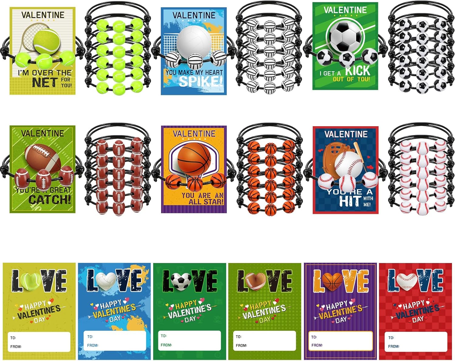 Tiamon 36 Pack Valentines Day Gifts for Kids Classroom Valentines Day Sports Gift Set Include Sports Cards with Adjustable Charm Bracelet for Classroom Exchange Prizes, Kids Boys Party Favor