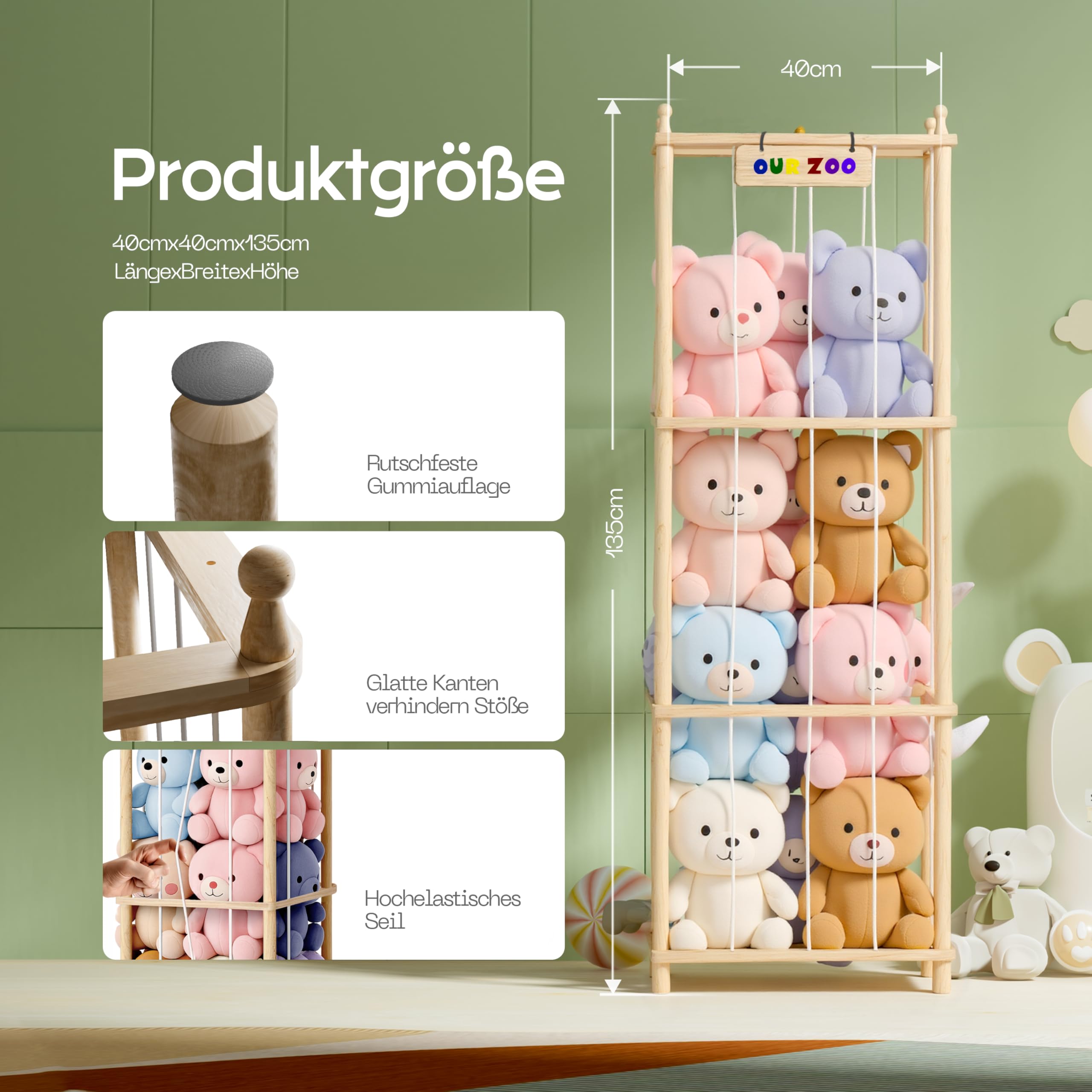 Holz Kuscheltier Aufbewahrung, Ahatstor Stofftier Aufbewahrung Stabil & Langlebig, Platz Sparen Stuffed Animal Storage für Spielzimmer, Kinderzimmer, Schlafzimmer, Wohnzimmer