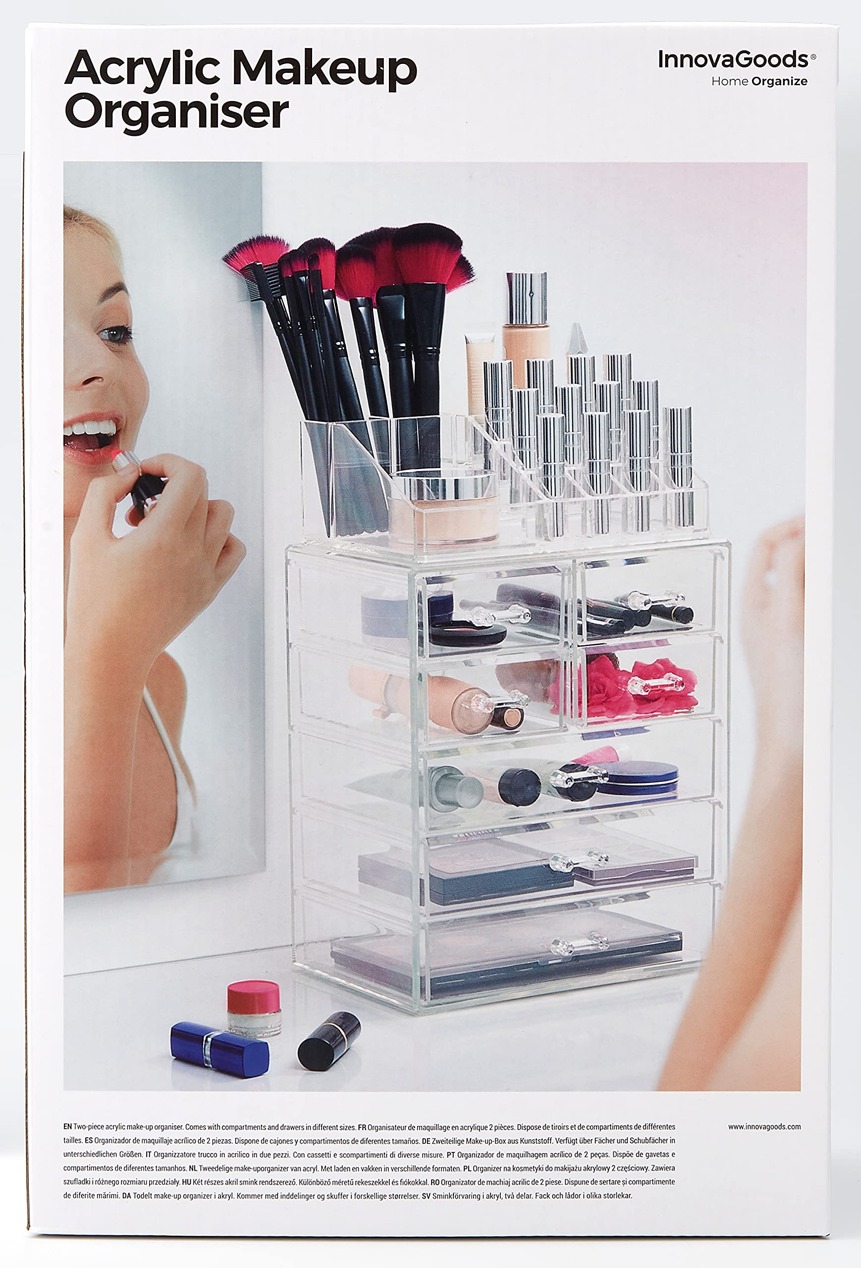 InnovaGoods® Organisateur de maquillage Bioy, maquillage bien rangé et à portée de main, avec 12 compartiments différents, design en bois et pieds antidérapants, idéal pour les personnes qui se maquil