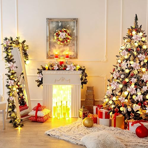 Miniatura 4 de 24 piezas de flores de Navidad con diamantina para decoración de árbol de Navidad, boda, año nuevo (rosa dorado).