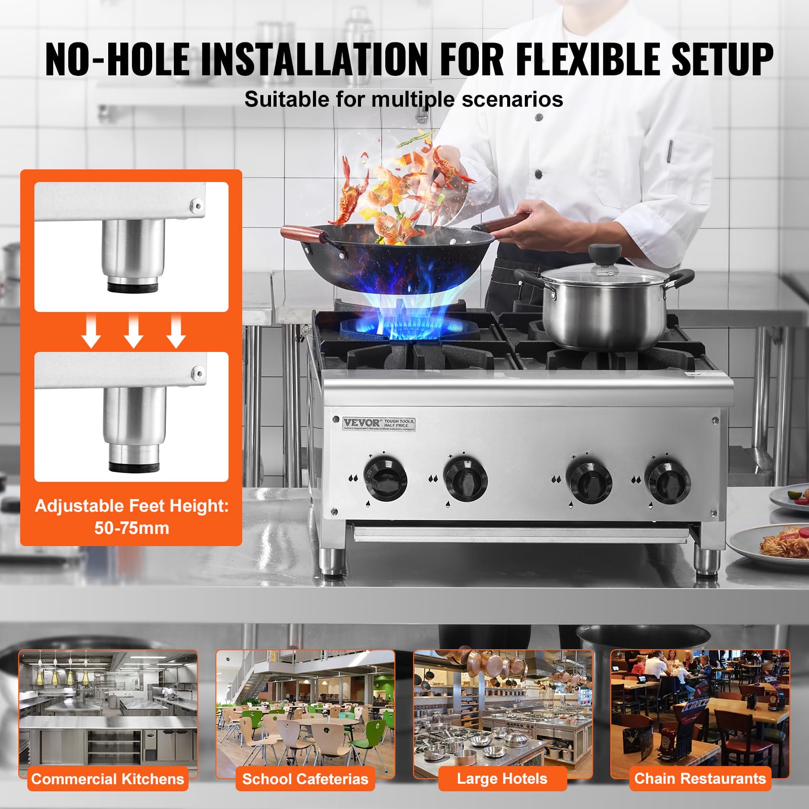 VEVOR Cuisinière à Gaz Commerciale avec 4 Brûleurs, Plaque de Cuisson de Comptoir au Propane et au Gaz Naturel, 28 kW, en Acier Inoxydable, Équipement de Cuisson Commercial pour Restaurant Domicile