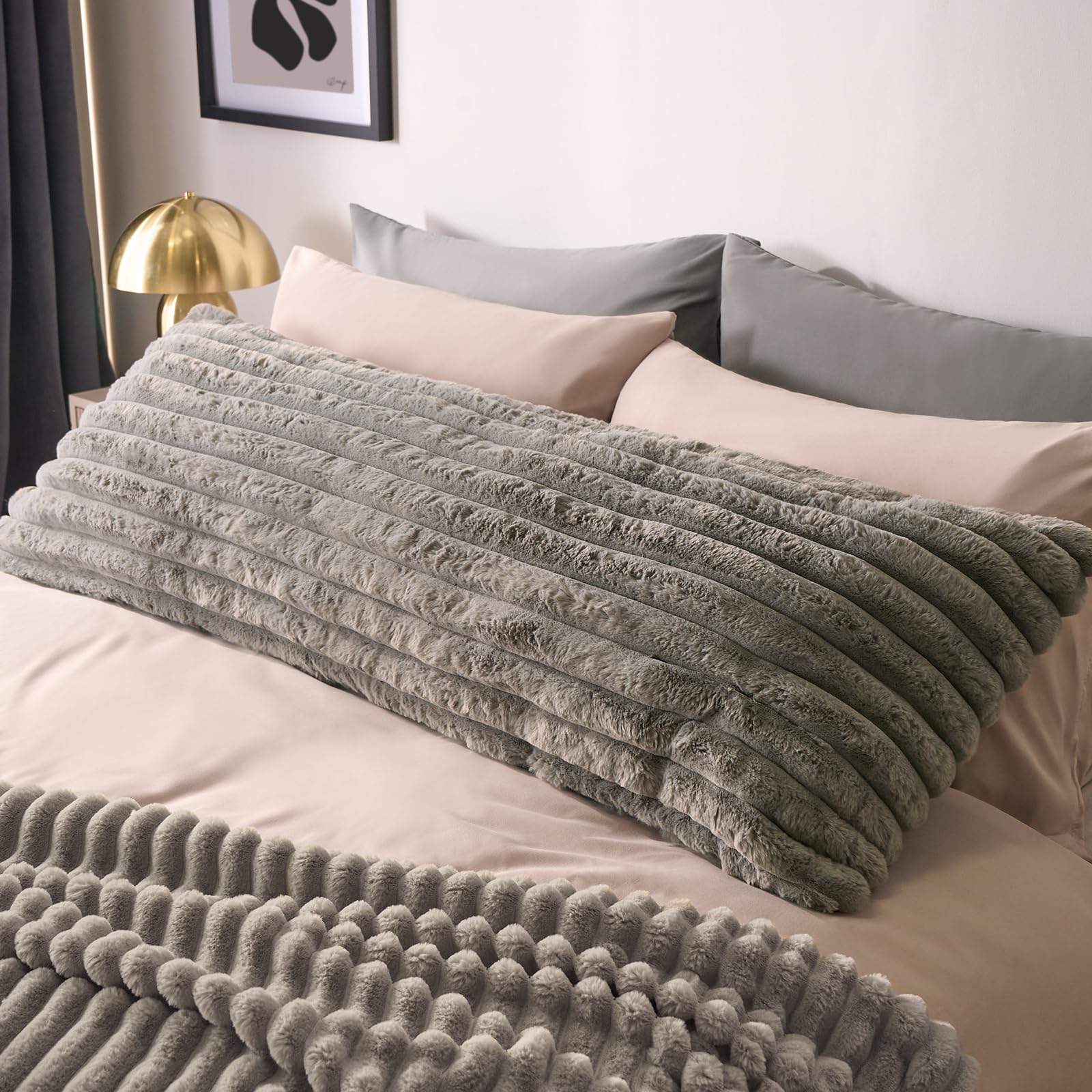 OHS Grey Bolster Pillow Ribbed Faux Fur, Full Body Long Pillows Soft Cosy Hollowfibre Filling Pregnancy Pillow for Maternity Support & Side Sleeper Bolster Cushion, 125 x 45cm