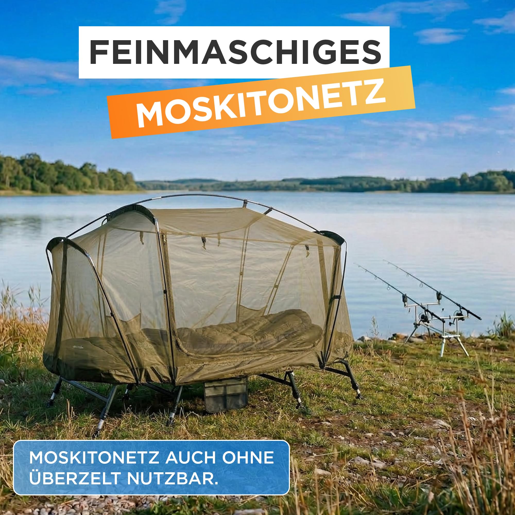 Überzelt für Karpfenliegen bis 210 cm – Bedchair Cover mit Moskitonetz – 210D PU-beschichtetes Zeltmaterial – Zelt für Angelliege – inkl. Tragetasche & Heringe – Liege Nicht enthalten