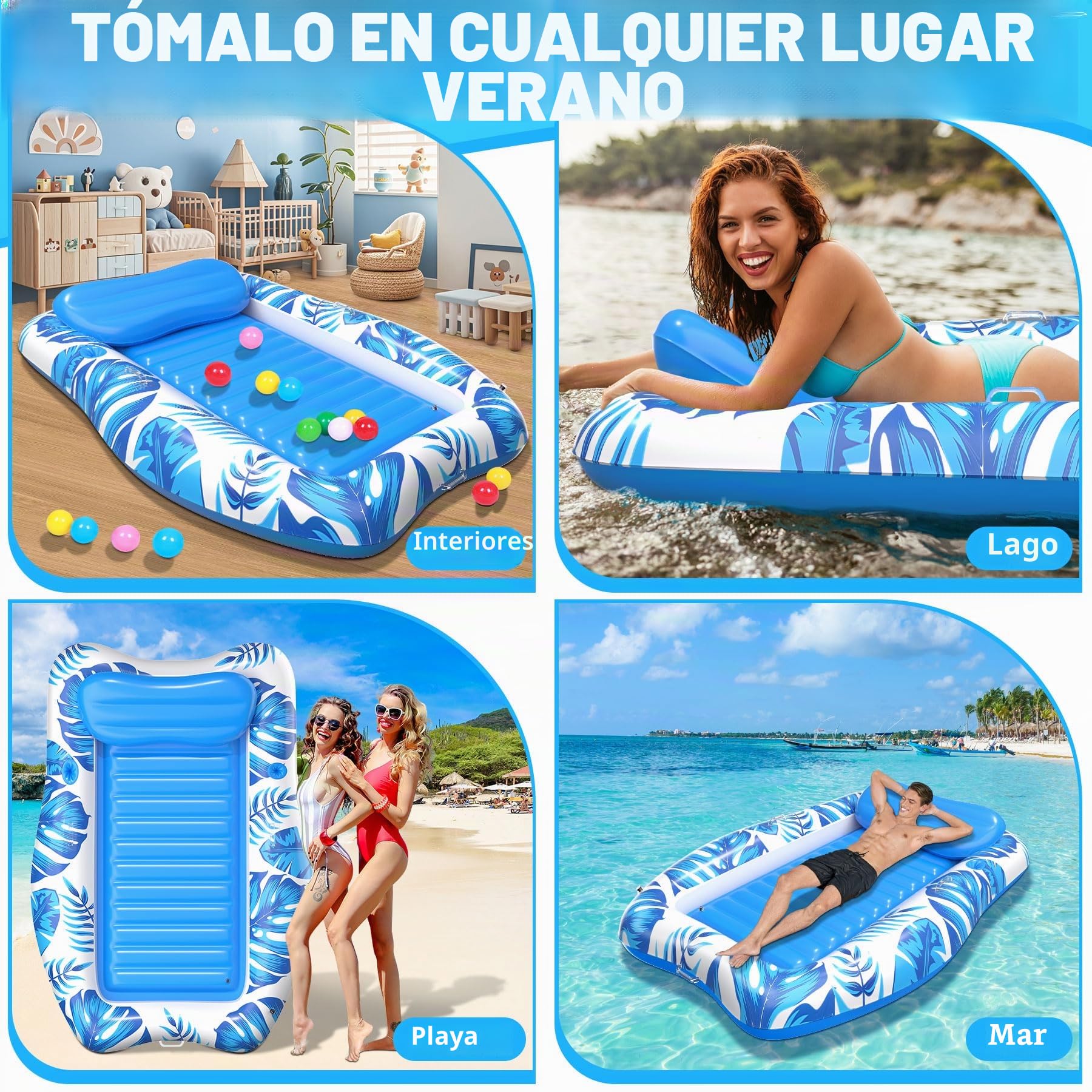 DeeprBling Colchoneta Piscina Adultos, Colchoneta Playa Hinchable con Almohada, Soportes para Vasos y Teléfono, Flotadores Piscinas Adultos con Asas,Engrosada Colchoneta Hinchable Piscina de Bronceado