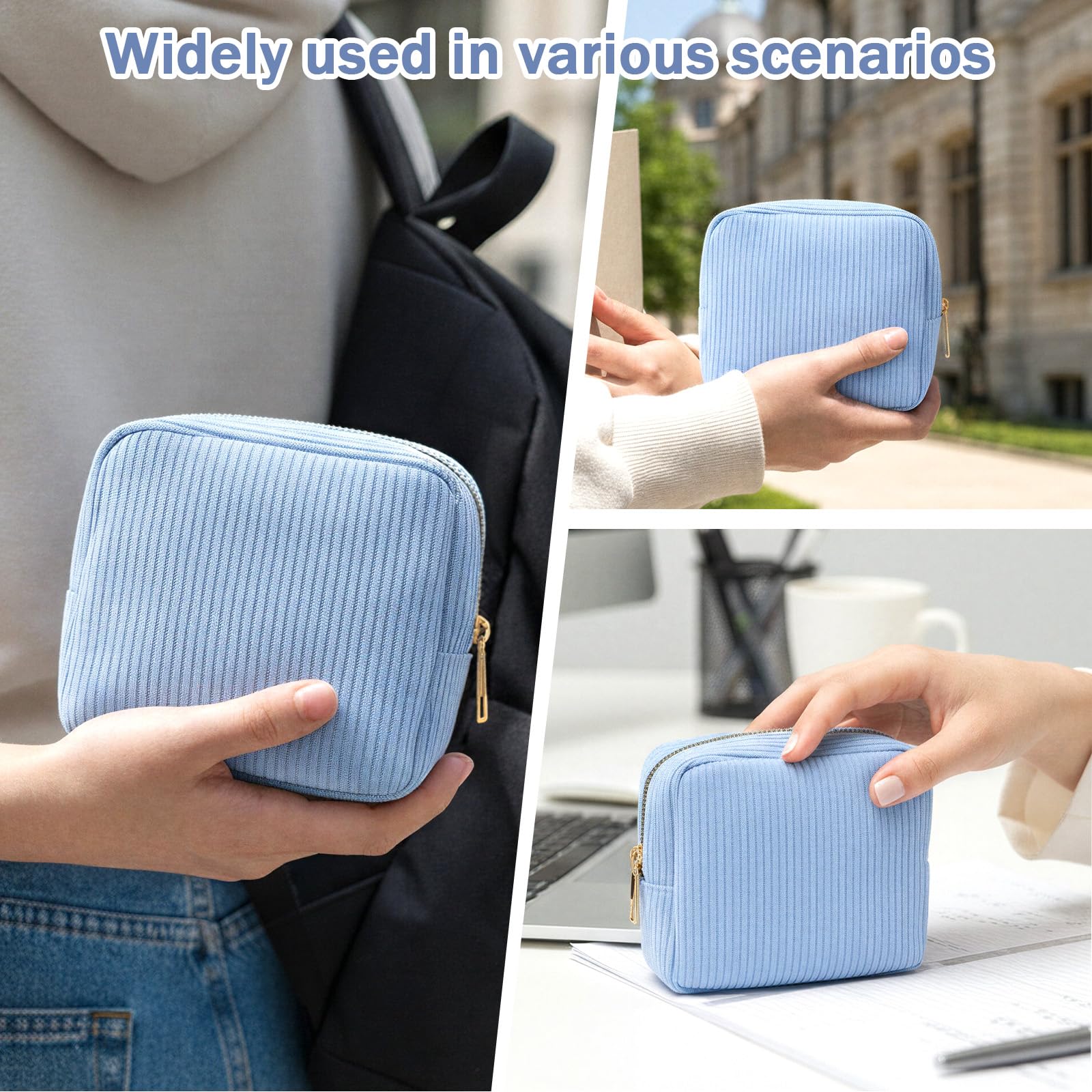 Period Bag for School,Blue Pouch for Pads,Mini Corduroy Feminine Product Bag,Portable Tampon Pouch with Zipper,for Purse, First Period for Women Ladies(Blue)