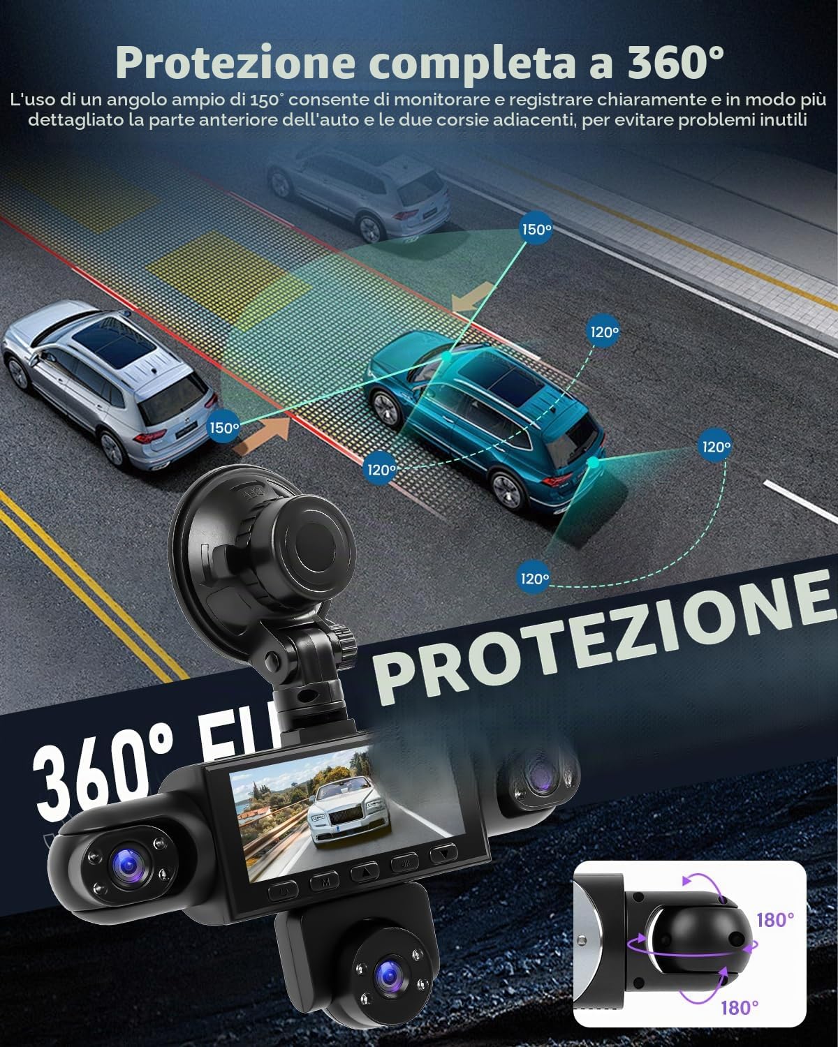 NHOPEEW Dash Cam 5 Canali 360° per Auto con registrazione in loop | Registrazione frontale 1080P, monitoraggio parcheggio 24 ore e rilevamento del movimento