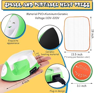 Honoson Mini Craft Iron, Small Portable Heat Press Heat Transfer Machine with Mesh Cloth Pressing Cloth Pad Silicone Pad, Charging Base Accessories for T Shirt Shoe DIY Bag(Green)