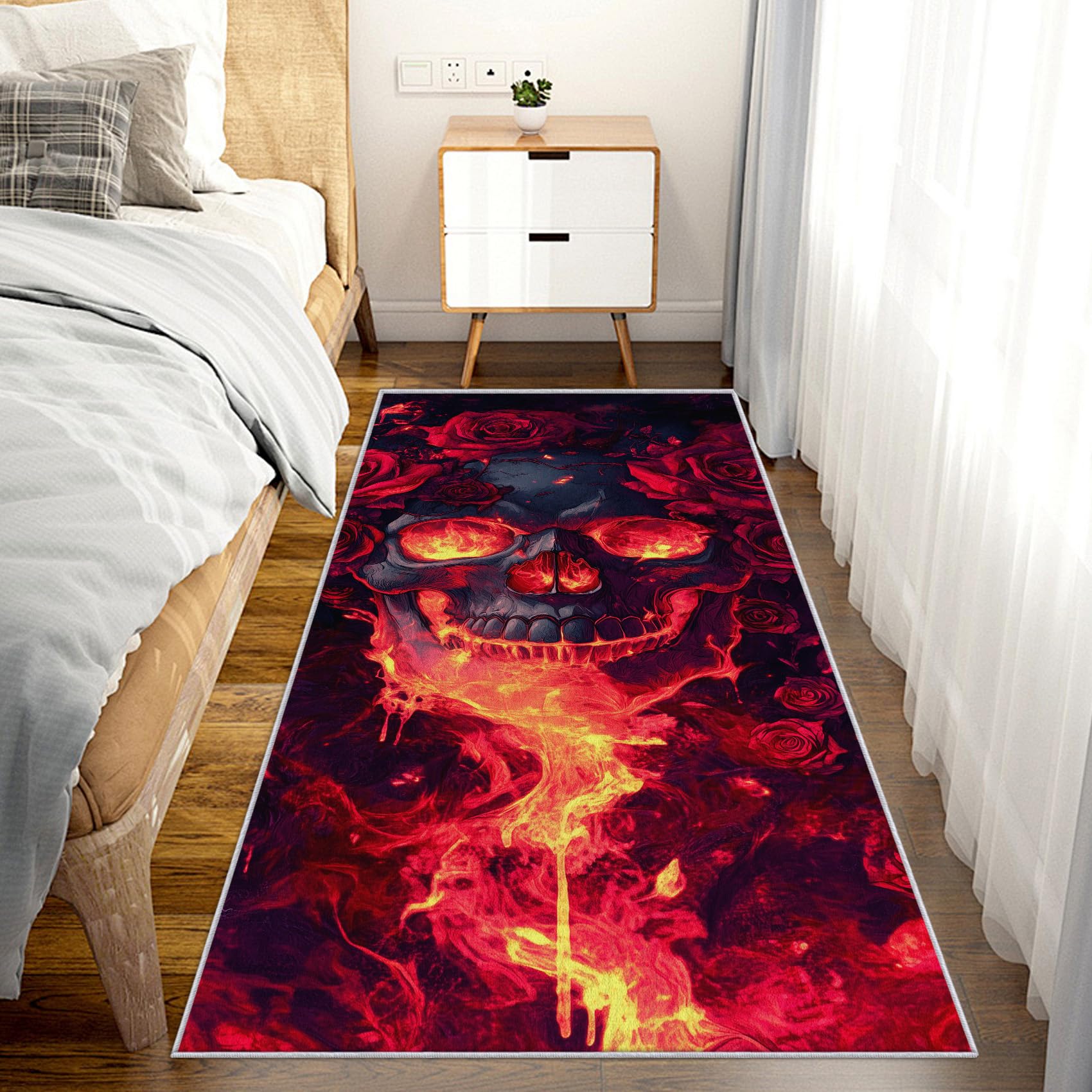 Generisch Läufer Flur Horror, Waschbarer Teppich Läufer Skelett Kleiner Totenkopf Flammen 60x200, Küchenteppich, Eingangsbereich, Bettvorleger, Schlafzimmer Deko, rutschfest, Kurzflor c236