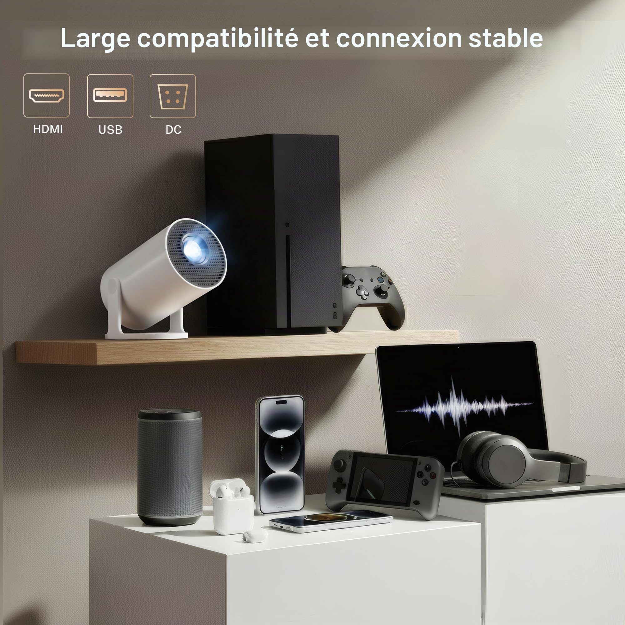 Applications intégrées Mise à Niveau 2026 Projecteur Intelligent avec Wi-Fi6&Bluetooth5.4, Prise en Charge 4K HD Full Correction Automatique du Keystone 360° Mini cinéma Portable pour iOS/Android