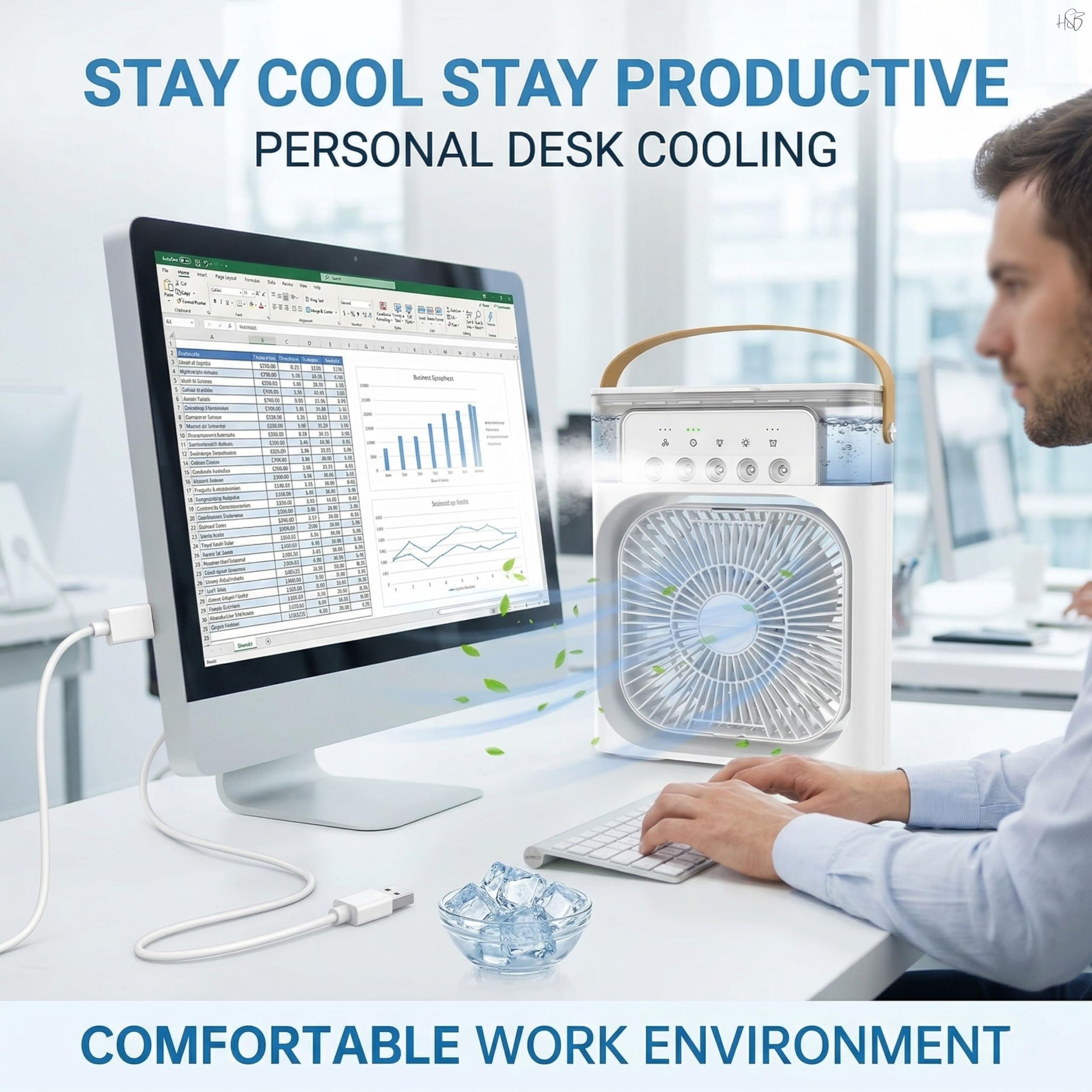 RAMBOT 3-in-1 Portable Air Cooler Mini Evaporative Air Conditioner Fan with 7-Color LED Light, 3 Wind Speeds, 3 Spray Modes & Timer, USB Personal Desk Cooling Fan White 1