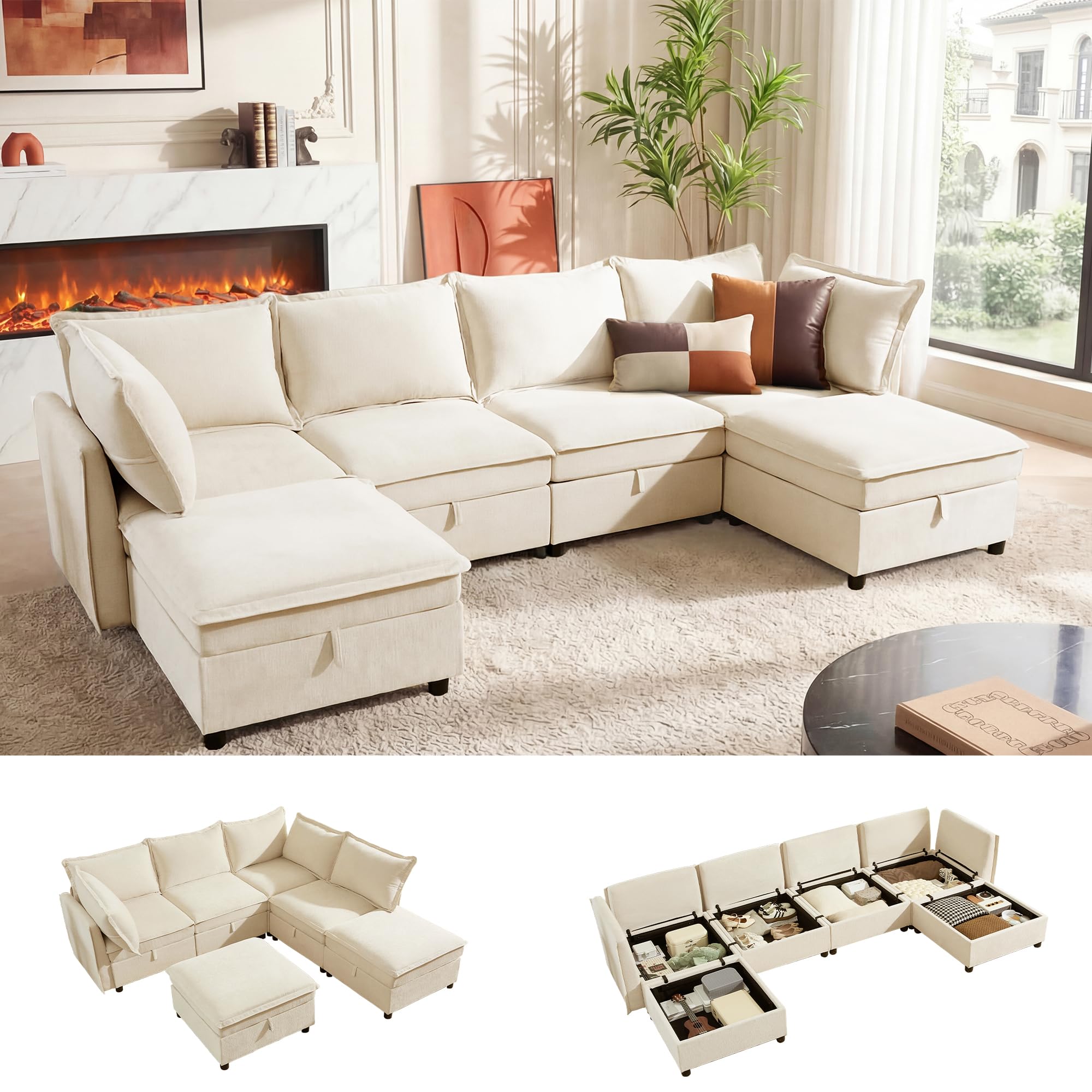 WorthFurni 127 Modular Sectional Sofa Couches for Living Room Large Storage Couch with Washable Cover Comfy U Shaped