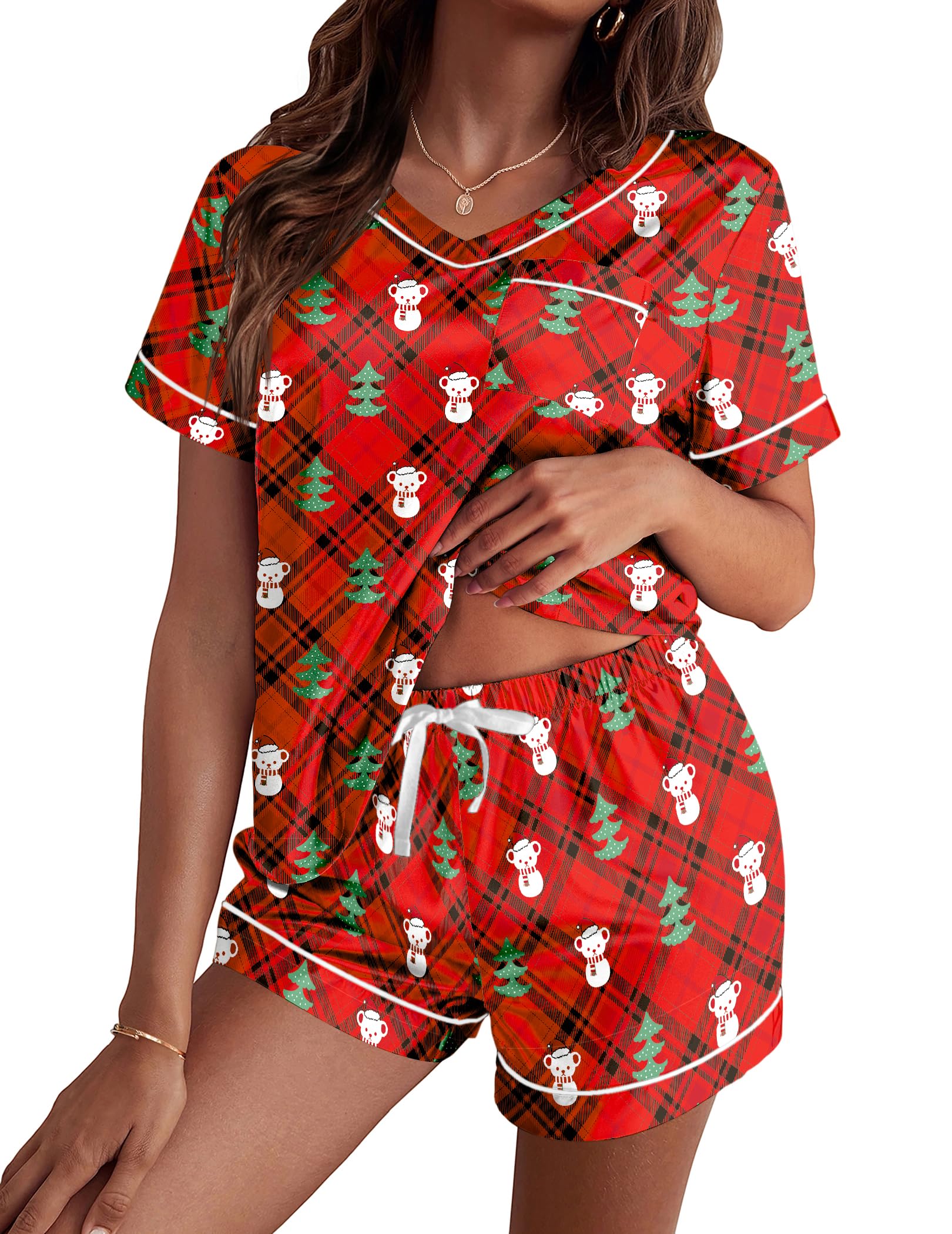 Ekouaer Silk Pajama for Women Short Sleeve Satin Pj Set Two Piece Soft Sleepwear Loungewear Casual PjsRed Christmas Teddy L