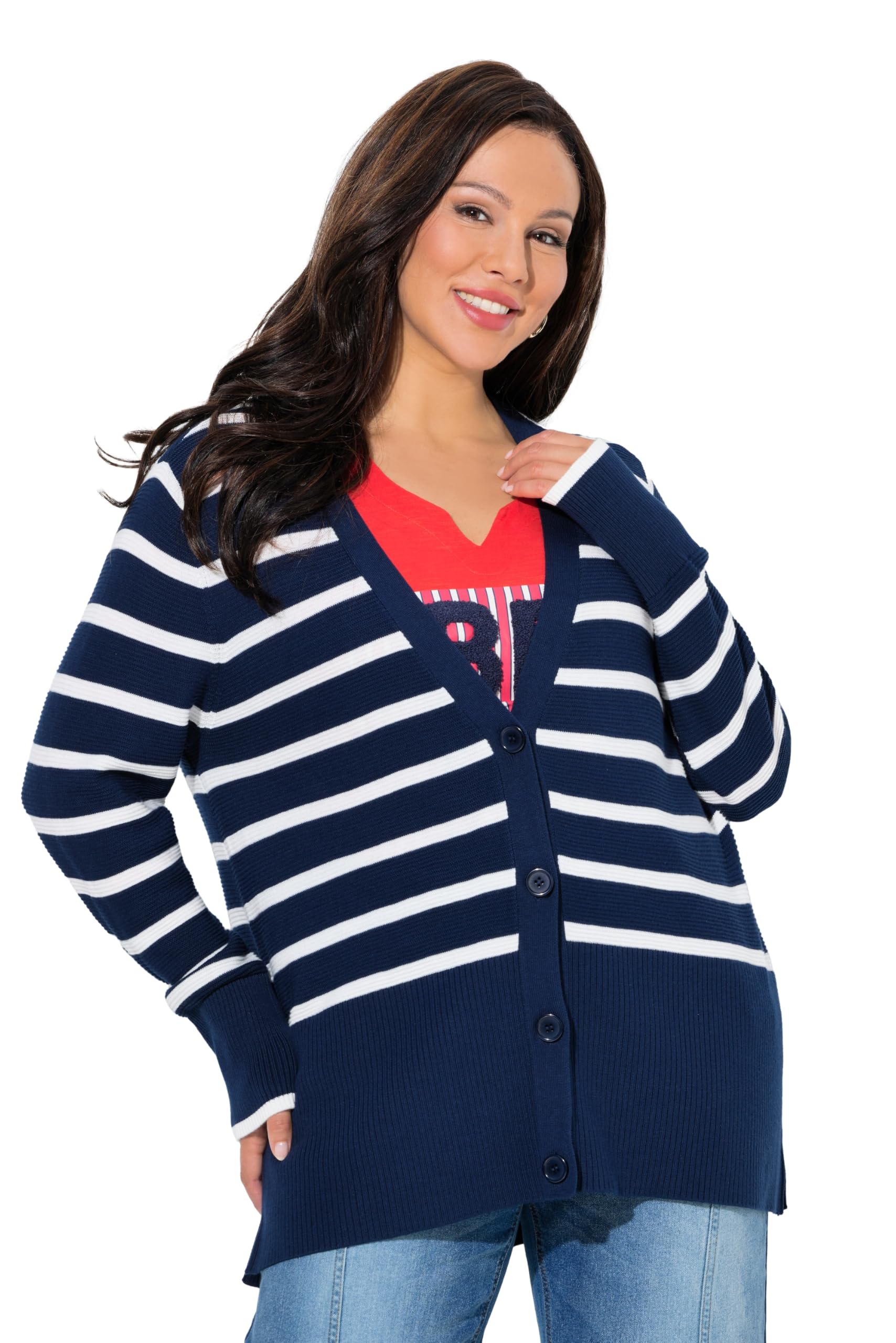 Ulla Popken Damen große Größen Übergrößen Plus Size Strickjacke, Ringel, V-Ausschnitt, Langarm 845890