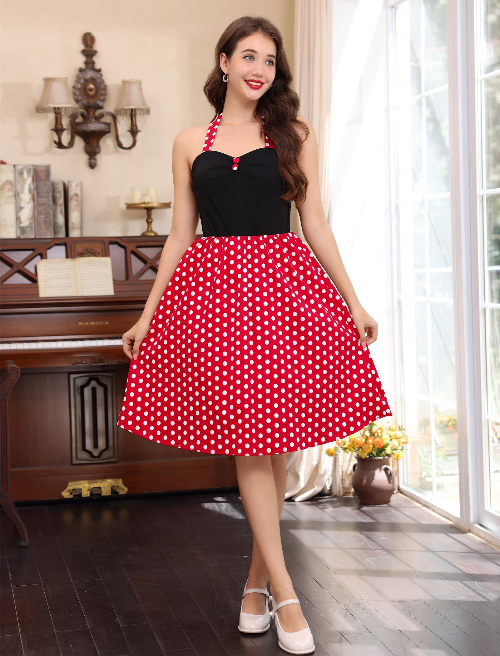Robe de cocktail rétro pour femme, style années 50, pin-up, dos nu, à pois