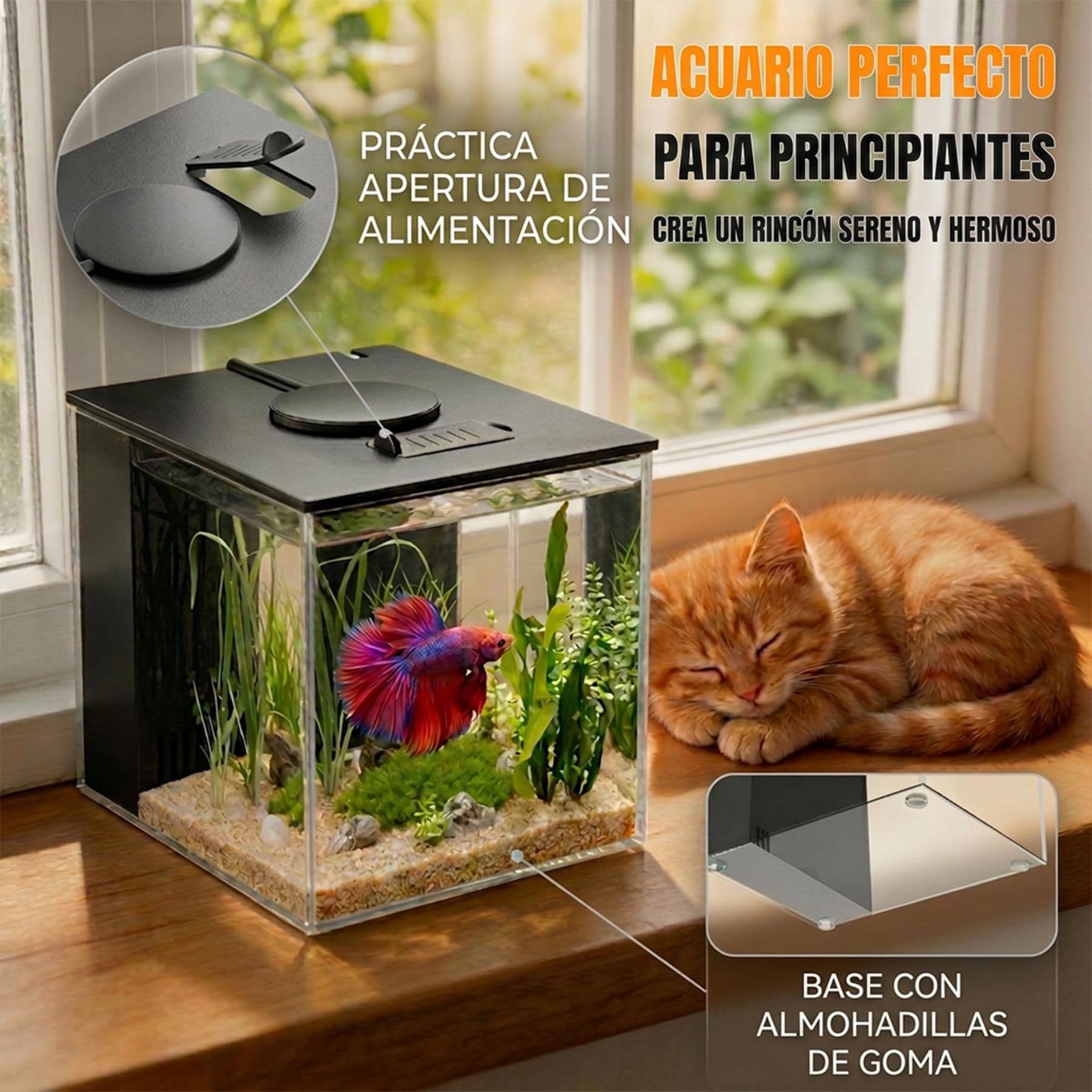 Vehipa 3,7L Acuarios pez Beta Completas, Pequeña Acuario de Acrílico con Bomba de Filtro de Agua y Luz LED, Ideal para Peces Pequeños, Gambas y Plantas (Negro)