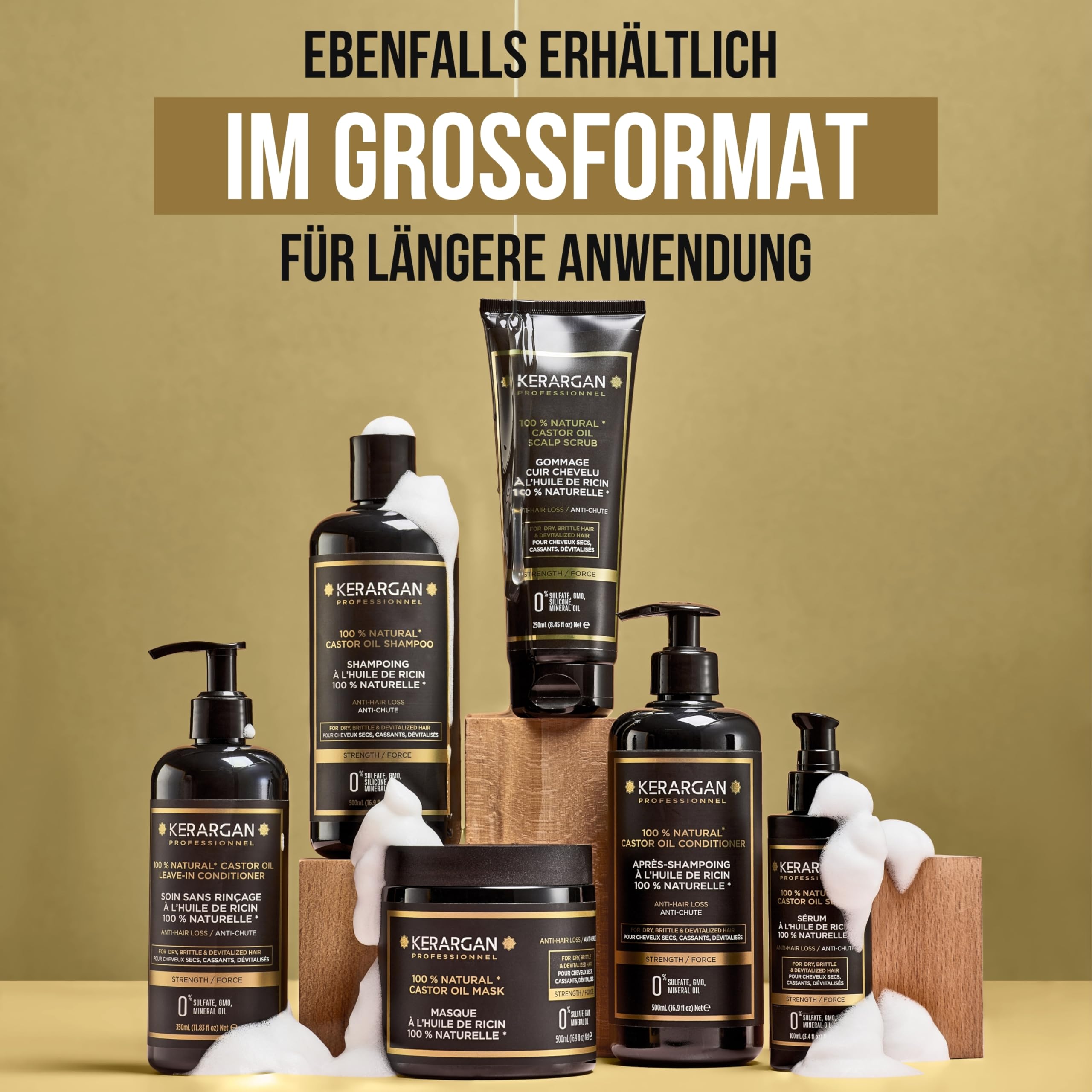 KERARGAN - Rizinusöl 4er Haarpflege-Set gegen Haarbruch - 3x250ml+50ml | Shampoo, Conditioner, Haarmaske und Haarserum, komplette Routine zum Pflegen, Stärken und Schützen