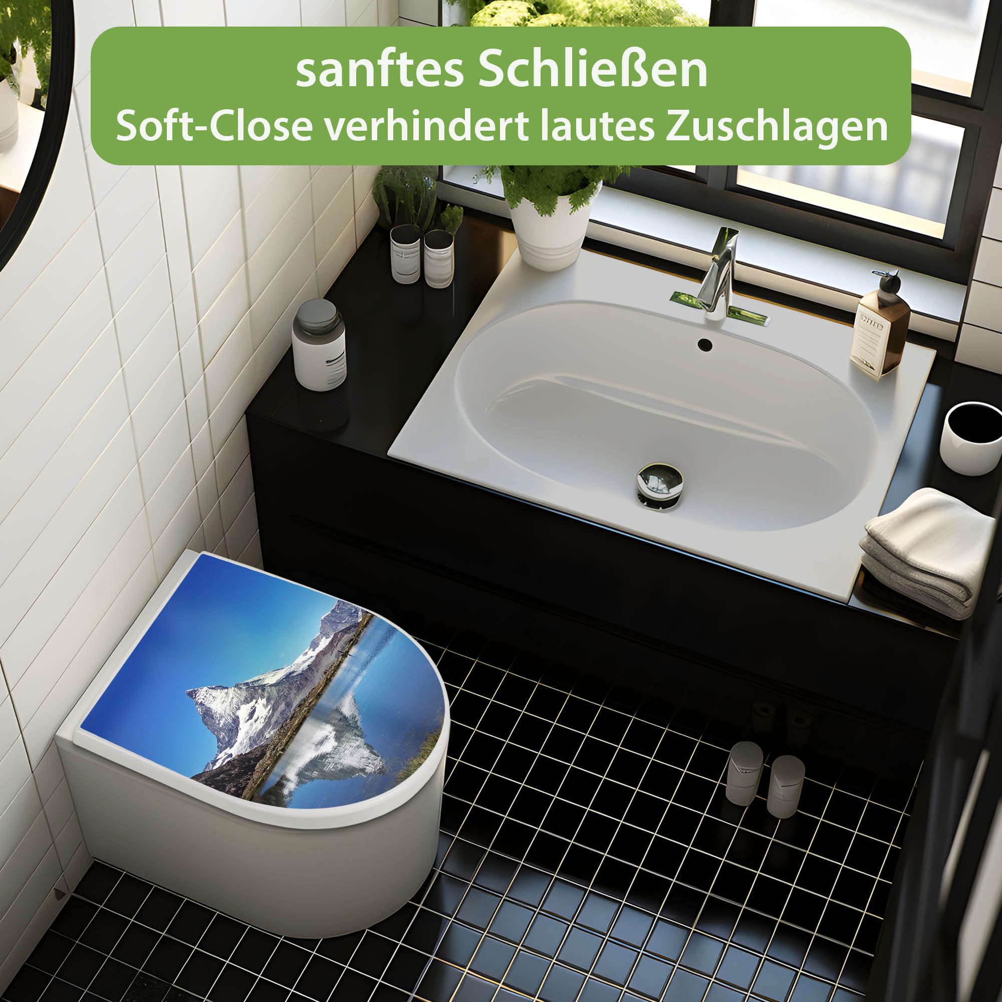 banjado WC Sitz mit Absenkautomatik D Form - Toilettendeckel mit Absenkautomatik D Form - Klodeckel Softclose - stabile Klobrille - Toilettensitz Weiß - Motiv Matterhorn