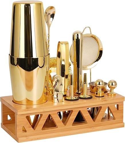 Juego de coctelera con soporte de bambú, juego de barra de 13 piezas de acero inoxidable para barman profesional y hogar (dorado)