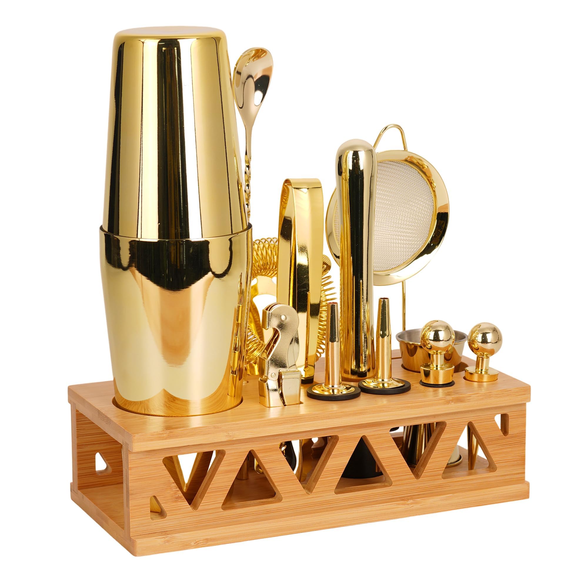 Kit de barman con soporte giratorio de bambú, juego de coctelera de 11 piezas de acero inoxidable con folleto de recetas (dorado)