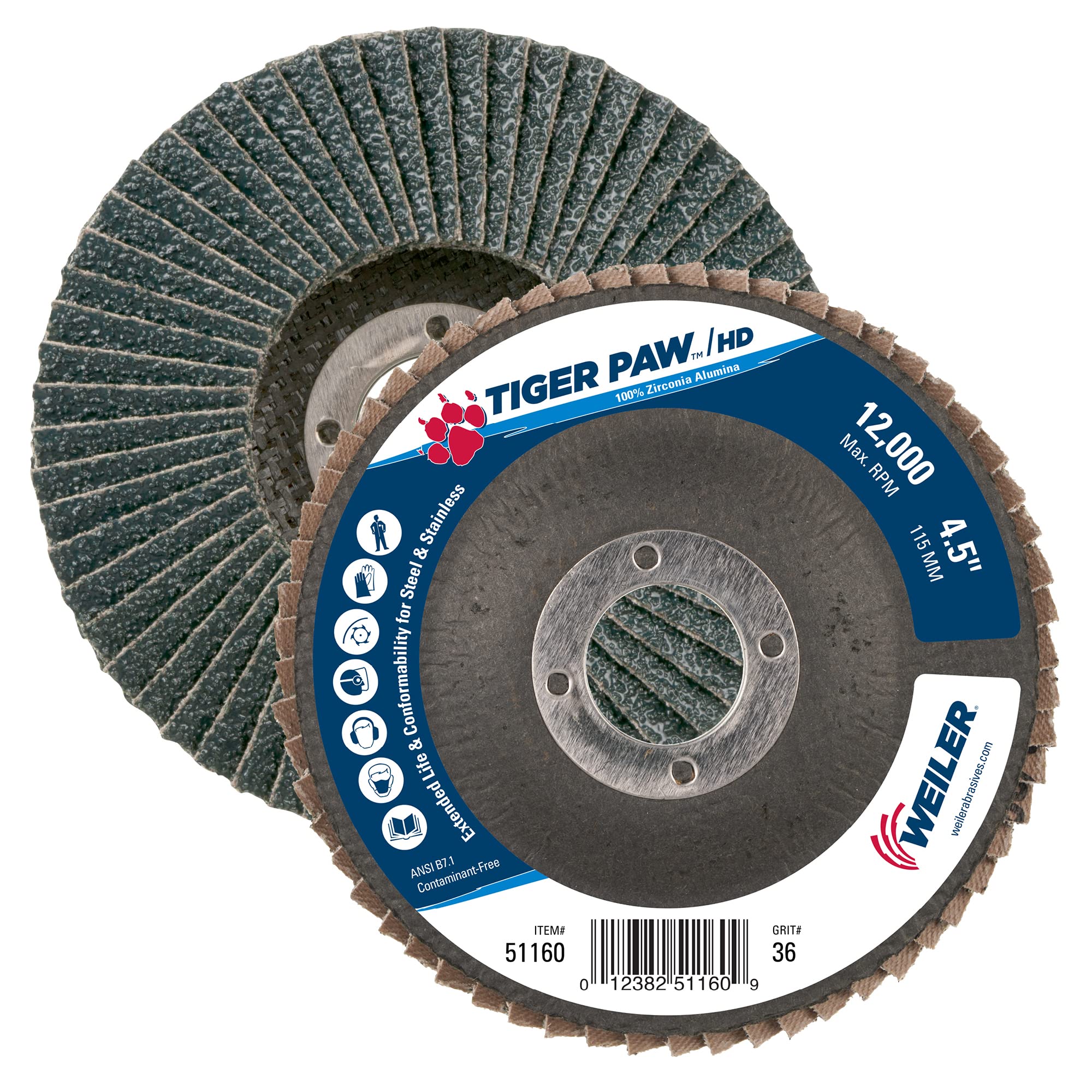 Weiler 51160 Tiger Paw XHD Super alta densidad solapa abrasivos discos, tipo 27 soporte de estilo fenólico, respaldo, Zirconia alúmina, 4 – 1/2 "de diámetro, 7/8" Arbor, 36 Grit, 12000 rpm (Pack de 10)