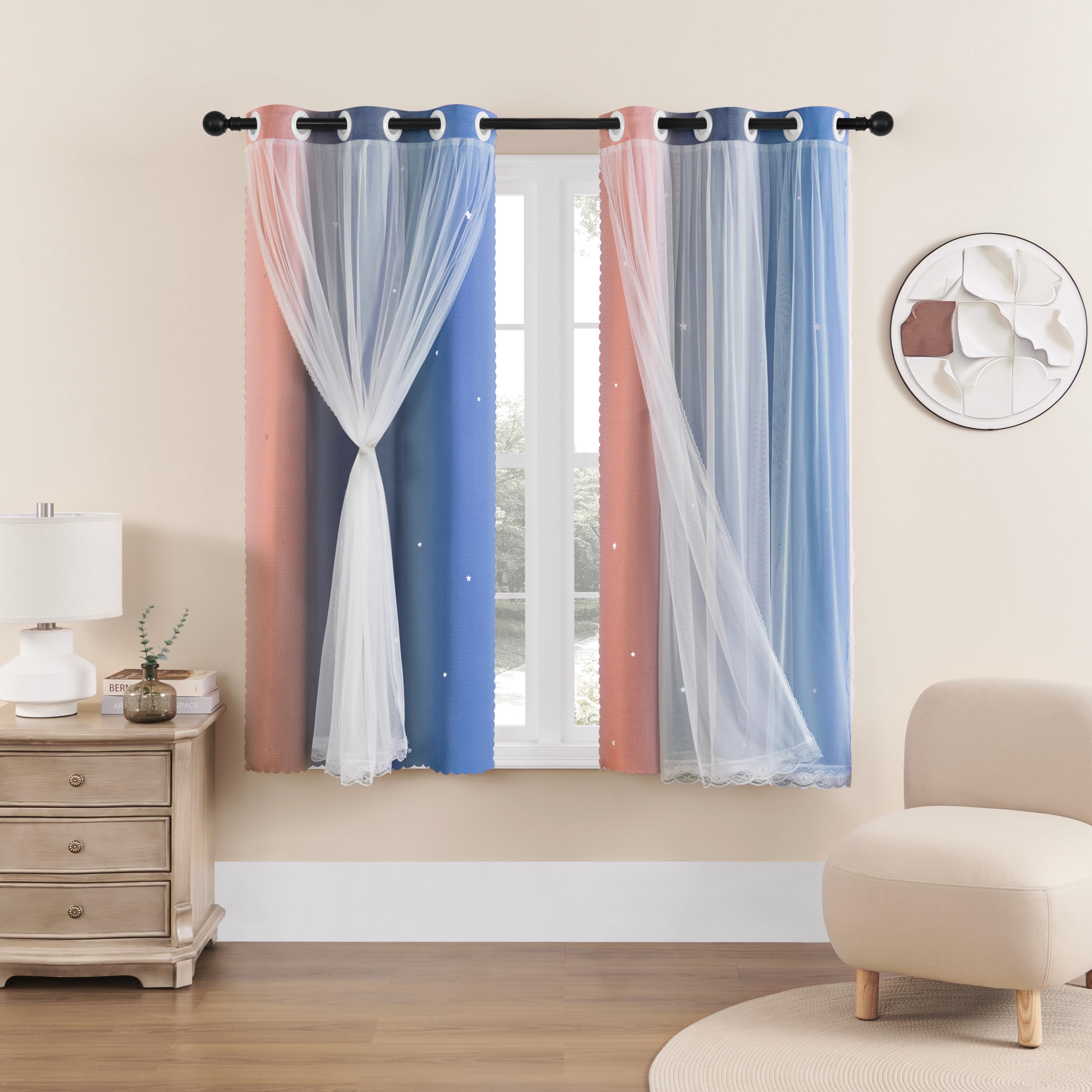 XiDi Curtains for Bedroom Decor, Rainbow PinkGreyBlue-34-45
