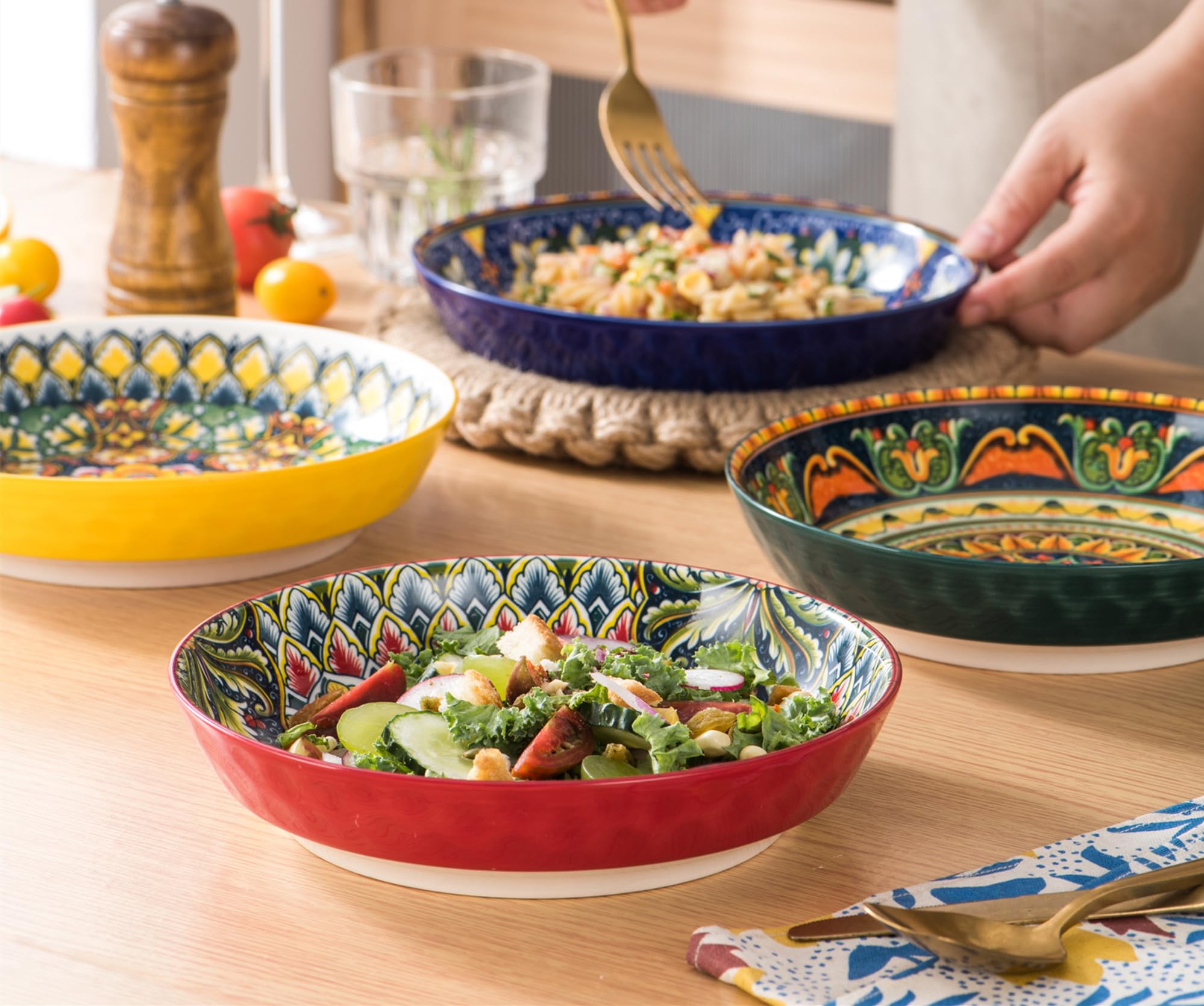 Henten Home Set di 6 Piatti Fondi, Piatti per Pasta/Spaghetti, Ciotole per Pasta/Rame, Ciotole Grandi per Insalata 810 ml, Set di Piatti per Zuppe - Stile Bohémien