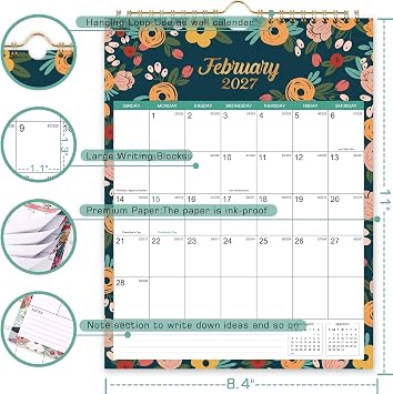Calendar 2026-2027 - JUL 2026 - DEC 2027 Wall Calendar 2026-2027, 18 Month Wall Calendar 26-27, 8.5 x 11, Twin-Wire Binding + Hanging Hook + Large Blocks with Julian Dates, Perfect Calendar for Organizing - Floral