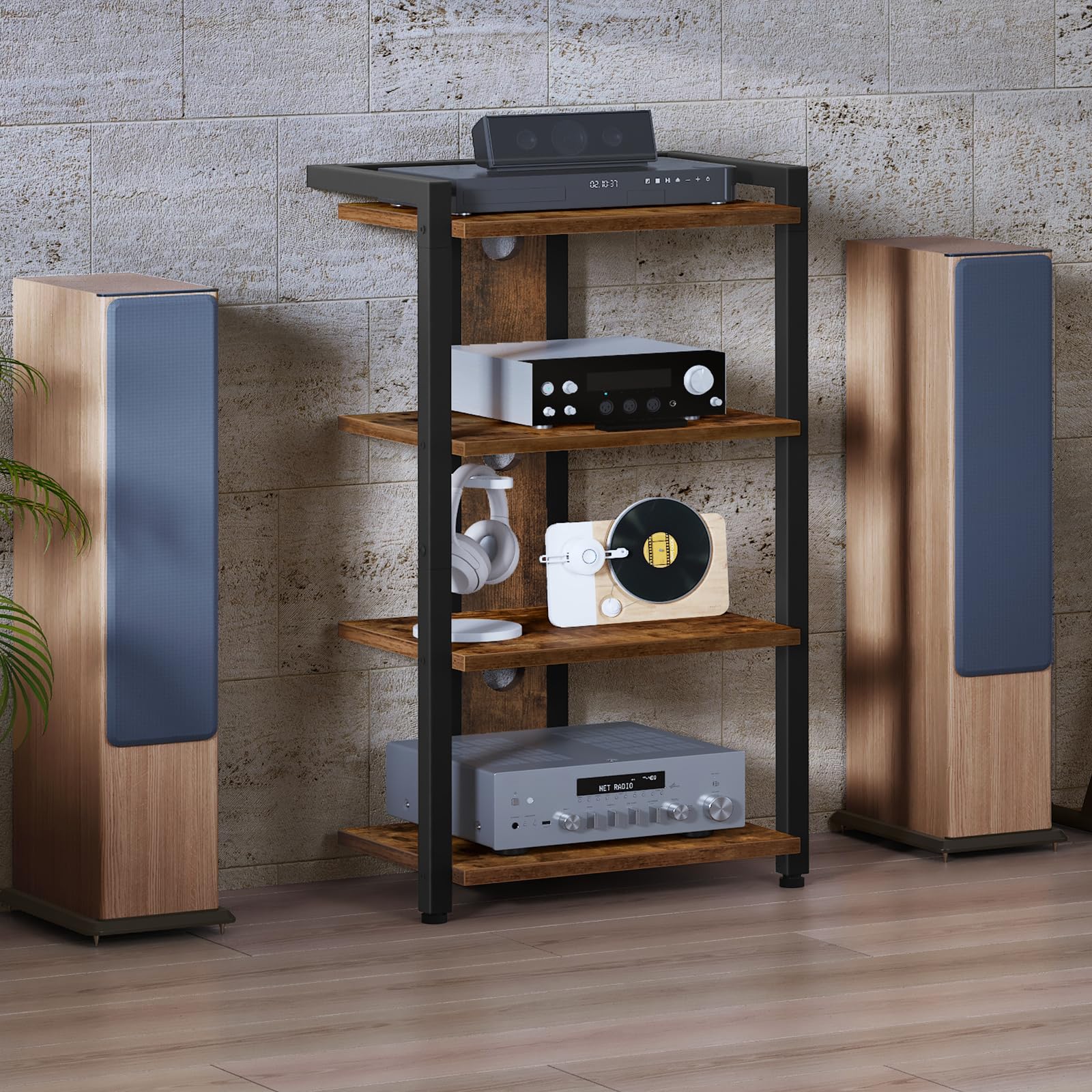 HOOBRO Meuble Audio 4 Niveaux, Étagère Platine Vinyle avec Passe-câbles, Support Multimédia, Marron Rustique et Noir