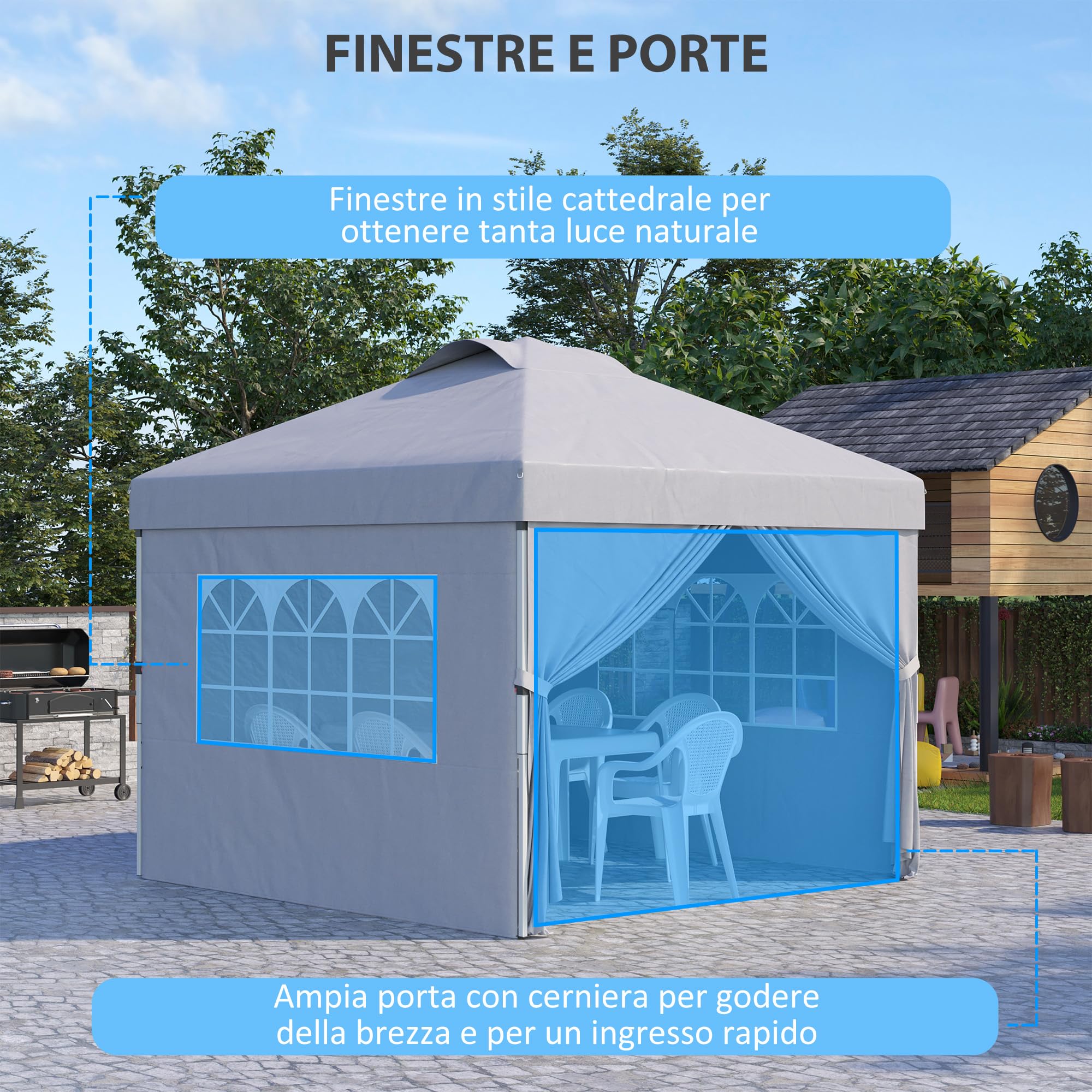 Outsunny Gazebo Pieghevole 3x3 m Pop Up Altezza Regolabile Grigio Chiaro | Porta, 2 Finestre, Borsa da Trasporto, Gazebo da Esterno, Acciaio Oxford, UV30+, Giardino, Feste, Campeggio