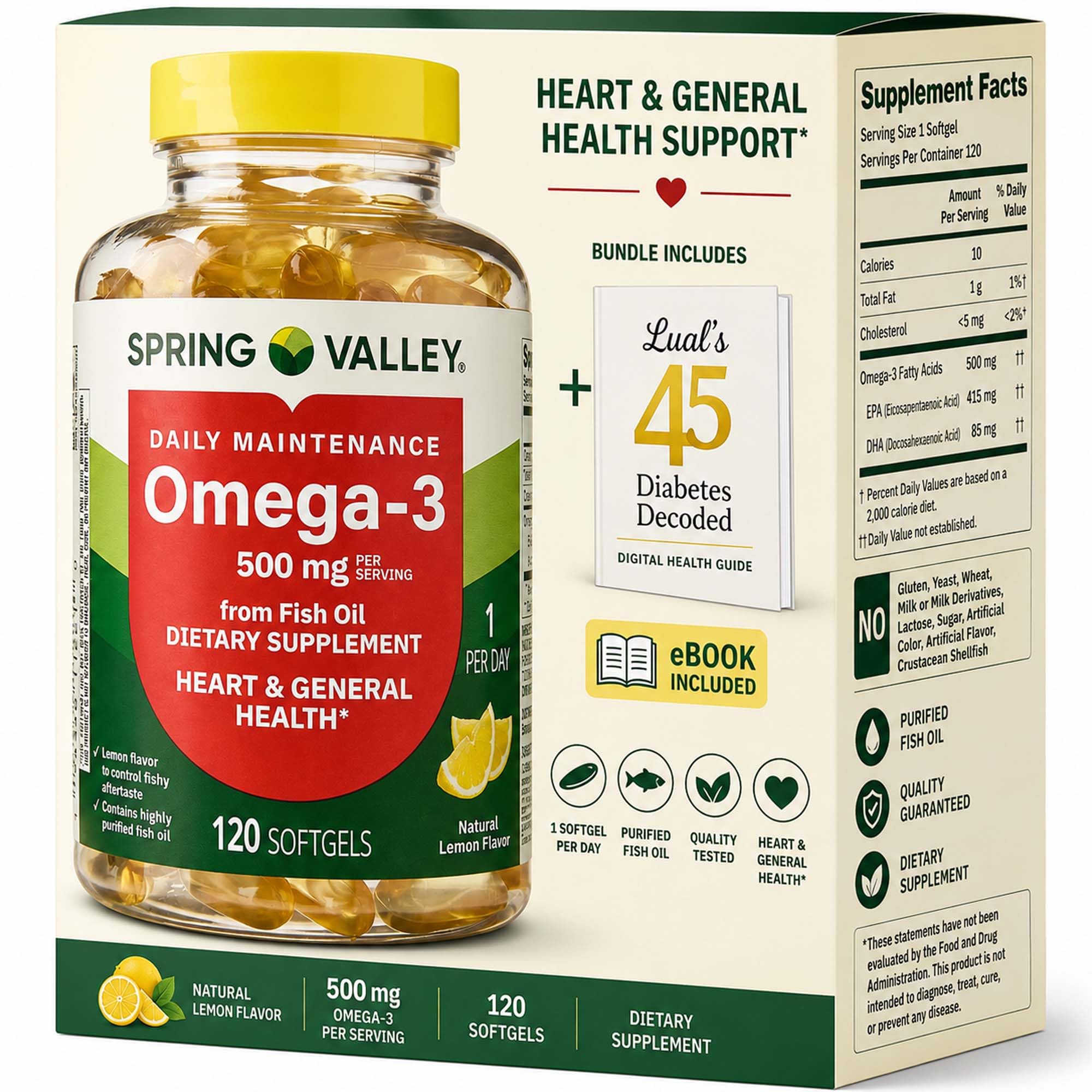 Spring Valley Omega-3 from Fish Oil 500 mg 120 Count, SoftGels, General & Heart Health Dietary Supplement Bundle with Luall's 45 Diabetes Decoded