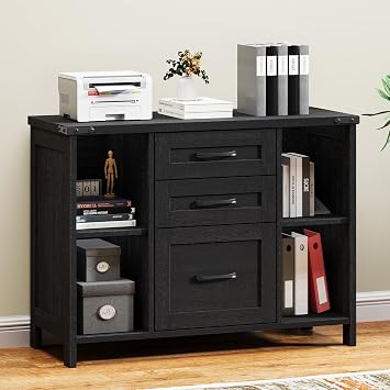 Farmhouse Lateral File Cabinet with 3 Drawers and Shelves, Rustic Black