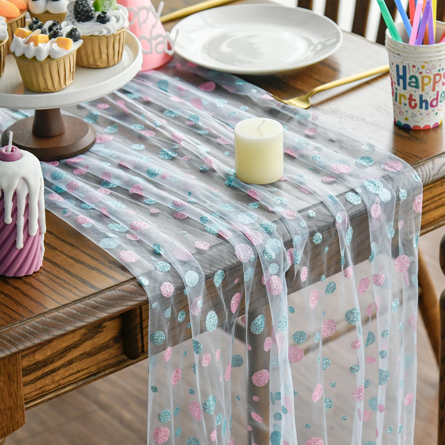 Artoid Mode Pink Polka Dots Blue Gauze Table Runner 120 Inch 10FT, Summer Sheer Dining Holiday Wedding Birthday Baby Shower Table Decor for Home Party