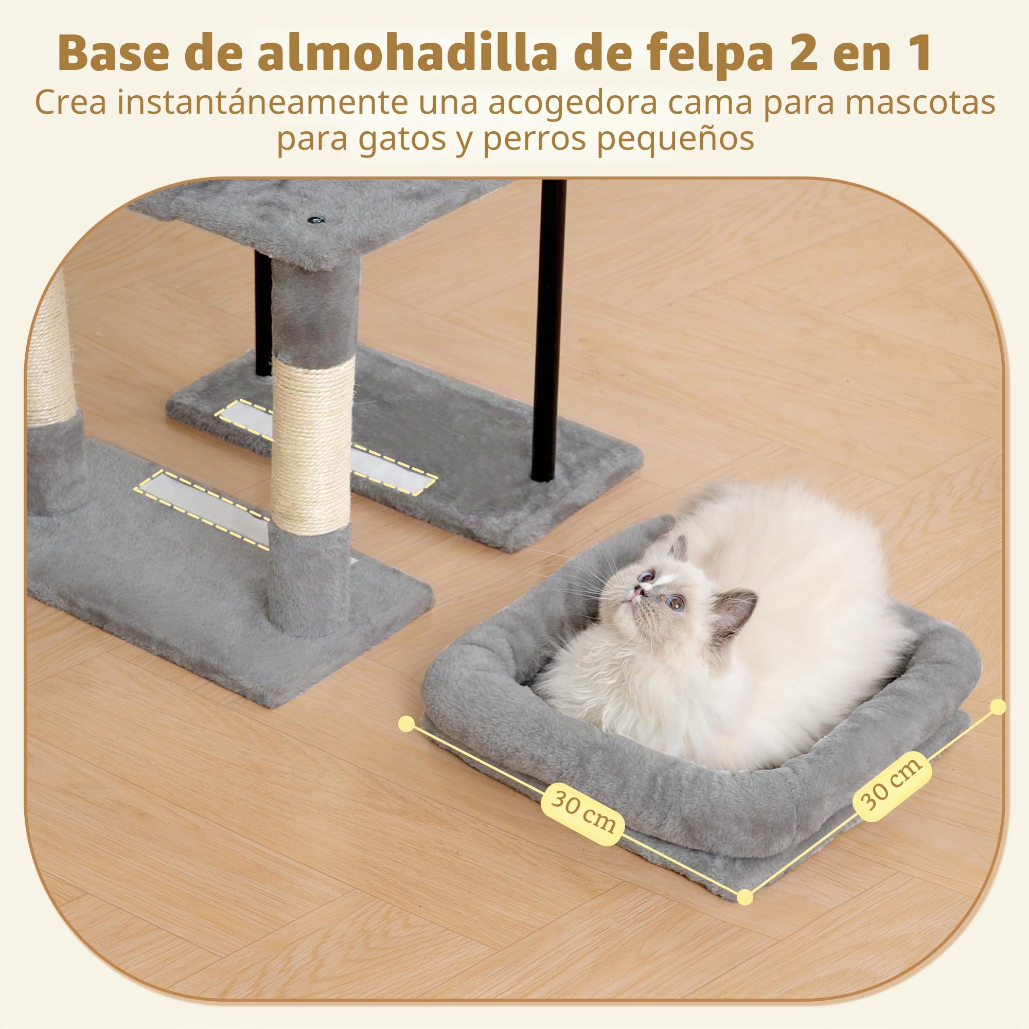 Heybly Árbol para Gatos de 115 cm, Torre para Gatos con Plataforma Grande, Cesta Colgante y Cueva, Postes Rascadores de Sisal, Pelotas Colgantes y Cojines Desmontables, Gris Claro HCT202SW