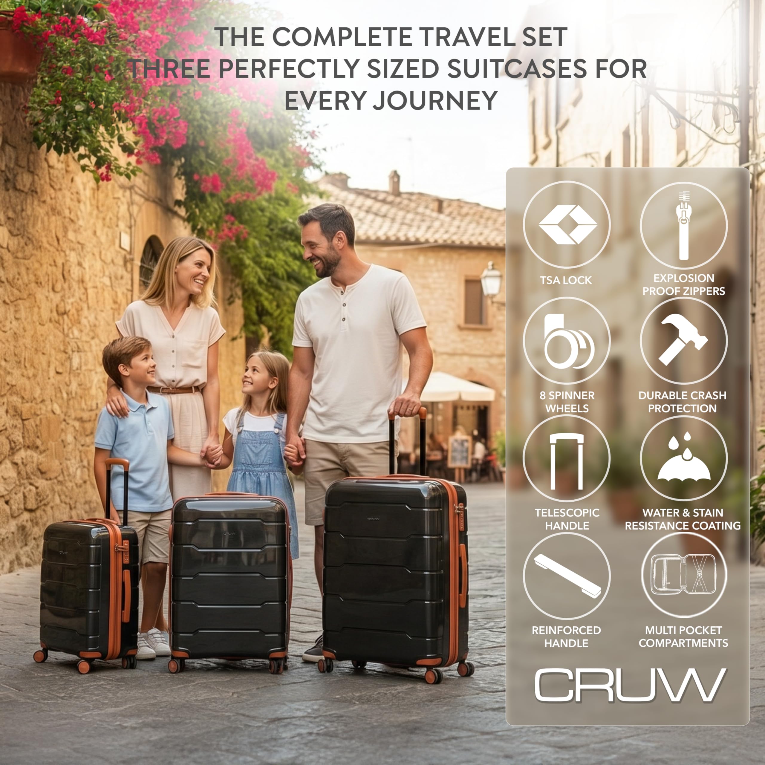 CRUW 3-Piece Luggage Set Expandable Polypropylene Suitcase Set TSA Locks 8 Silent Spinner Wheels Lightweight Nested Suitcases Travel Set easyJet British Airways Jet2 Approved Carry-On Black/Tan