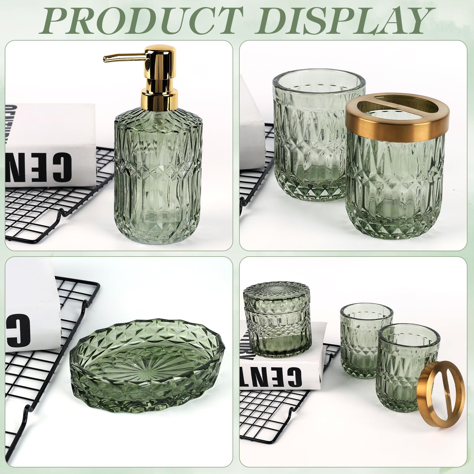 5 Stück Grünes Glas Badezimmer Zubehör Set, Moderne Seifenspender Set, Seifenschale, Zahnbürstenhalter, Wattestäbchen Kanister, Becher, Badezimmer Deko Set, Vintage Geschenk